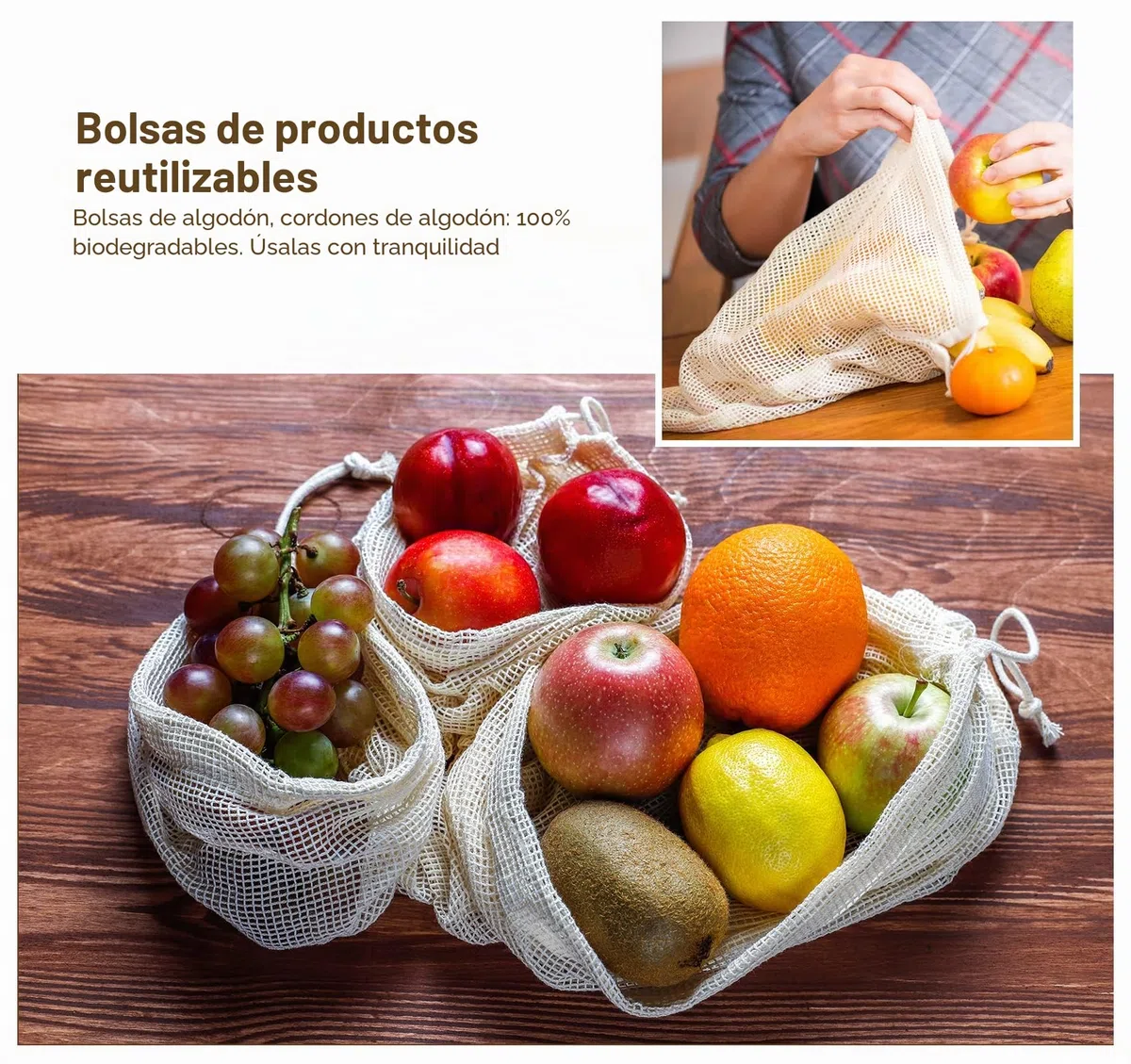 Anstore Juego de 11 Bolsas Reutilizables para Frutas y Verduras - Algodón, Sin Plástico, Redes de Compras, Bolsas de Pan