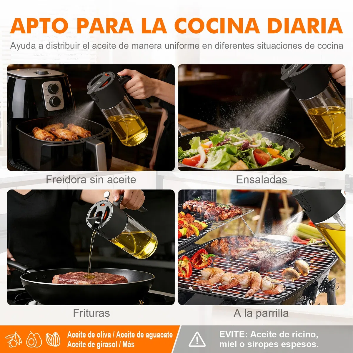 Ibergrif 2 en 1 Pulverizador de aceite 500ml – Rociador de aceite con Escala, Altura 202mm, Aceitera spray de Vidrio de borosilicato, Antigoteo para Freidora de aire, Barbacoa, Ensaladas, Negro, M530B