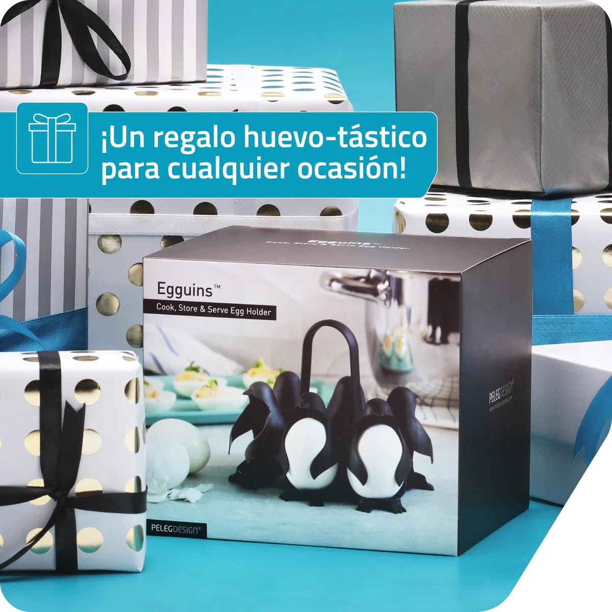 PELEG DESIGN Egguins – Cocedor y Porta Huevos en Forma de Pingüino, Almacena y Cocina 6 Huevos Frescos o Cocidos – Organizador Compacto para Nevera (Egguins)