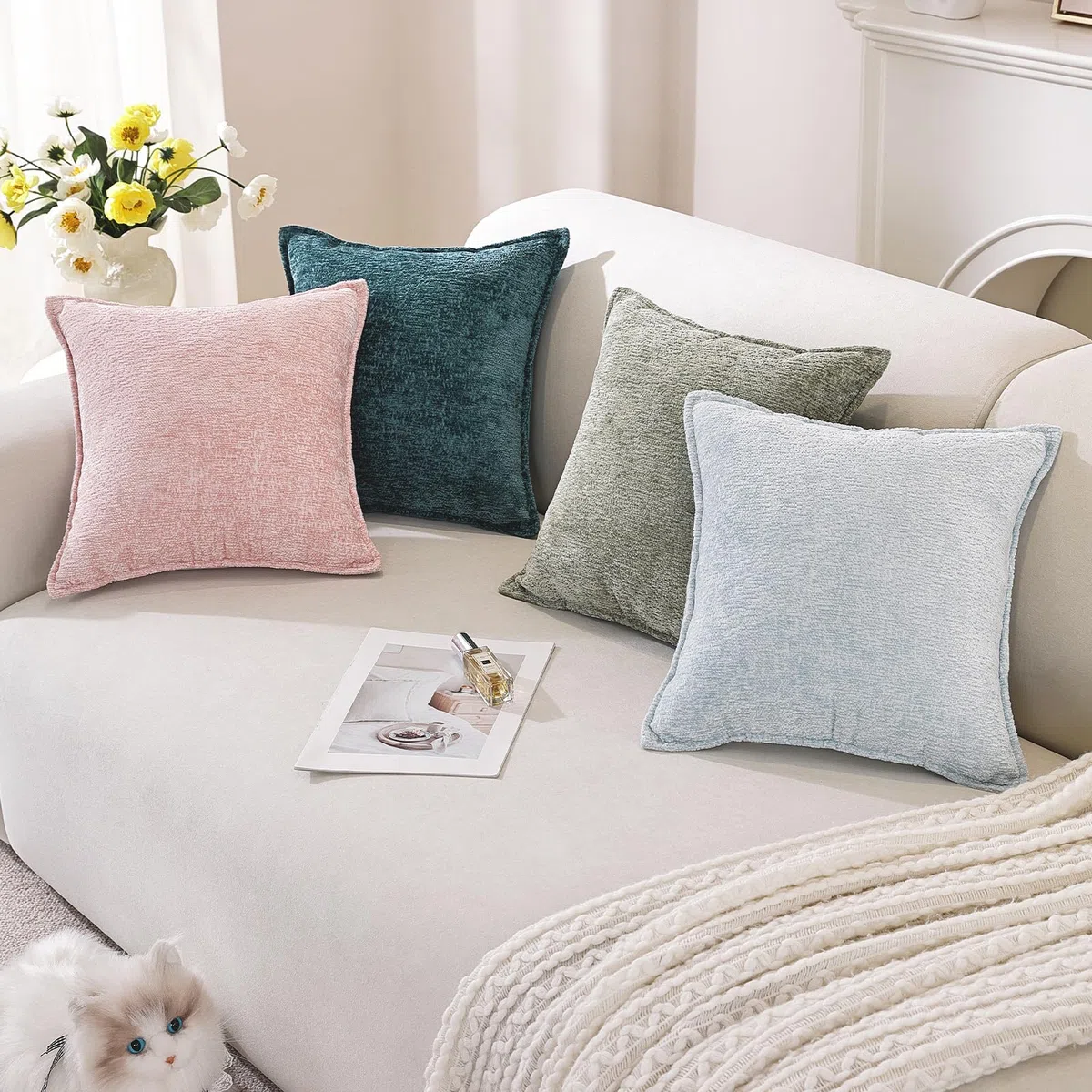 YSTELLAA Chenille Funda Cojines De para Sofa Juego De 2, 50x50, Suave Funda De Almohada Color Solido con Cremallera Invisible, Fundas De Cojines del Sofá Decorativas, Lavable, Avena
