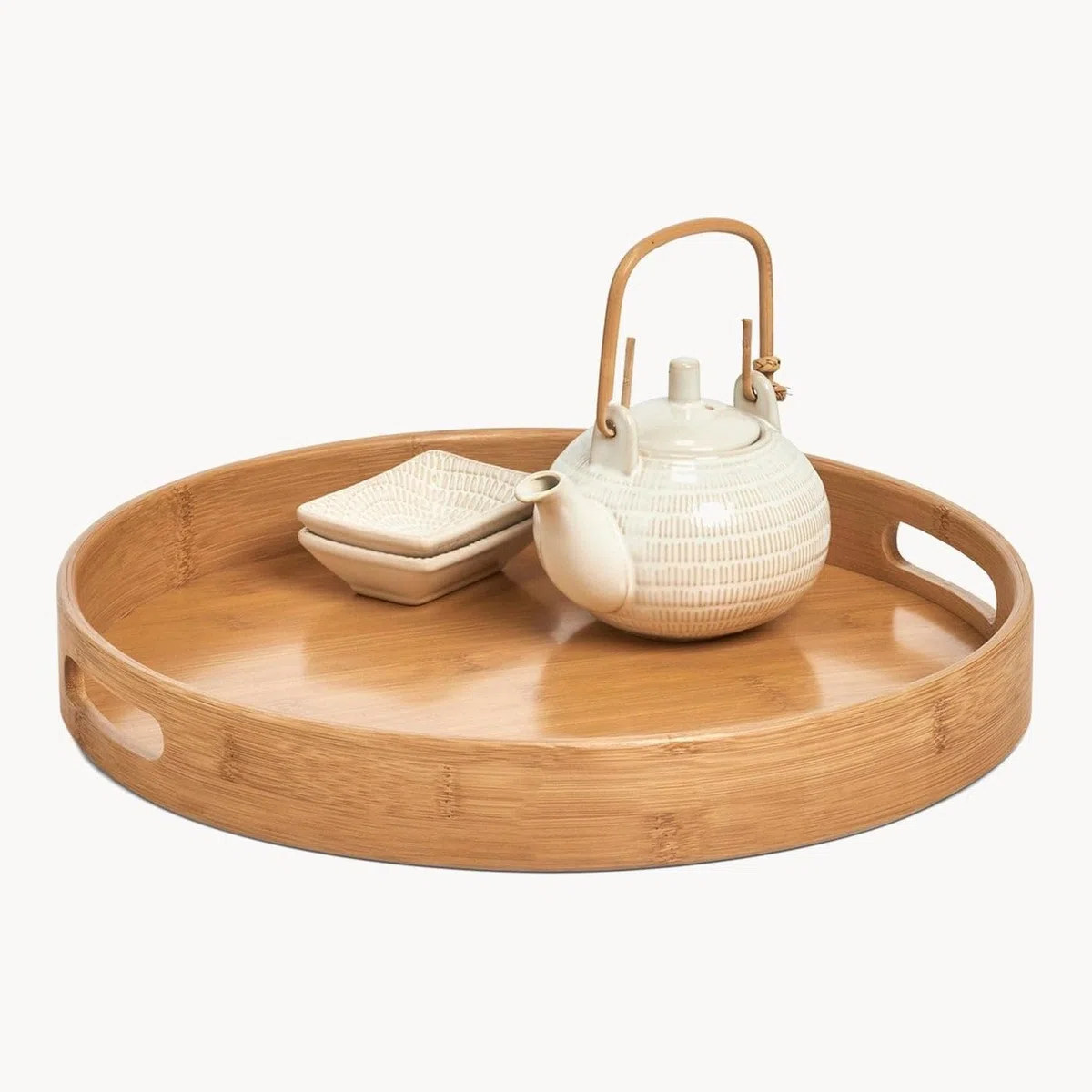 LOLAhome - Bandeja redonda con asas de bambú natural de 40 cm. Práctica y multifuncional para servir desayunos o decorar la mesa del comedor con un estilo natural y cálido