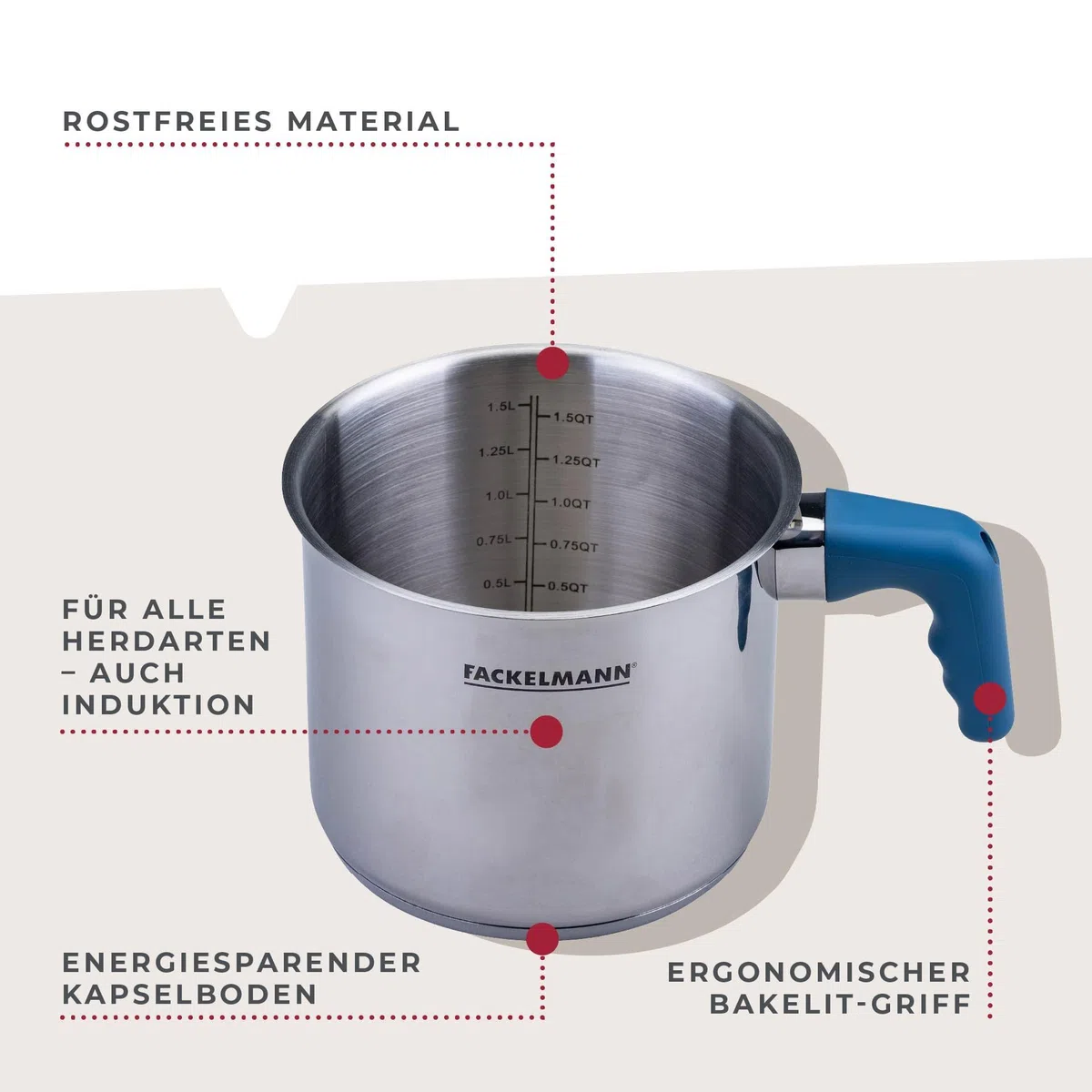Fackelmann Olla para leche Essential Ø 14 cm de acero inoxidable con mango ergonómico de baquelita y práctica escala de litros – Ideal para todo tipo de fuegos