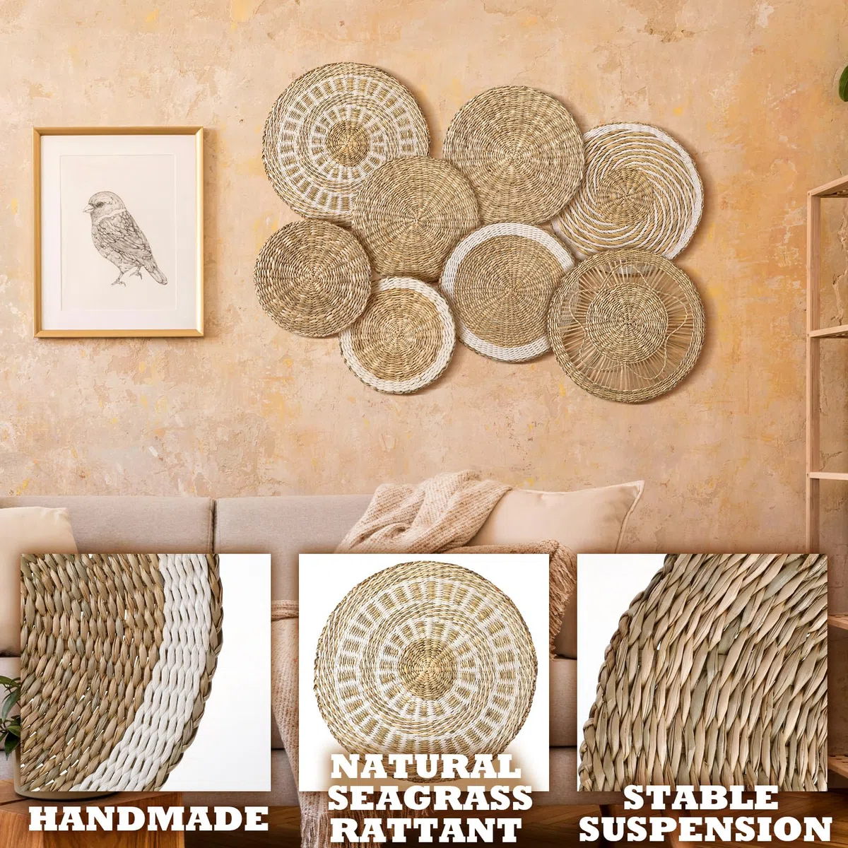 Xuhal Juego de 8 cestas de pared tejidas para colgar, hechas a mano, rústicas, bohemias, hechas a mano, cesta redonda de mimbre para el hogar, cocina, granja, mesa, sala de estar