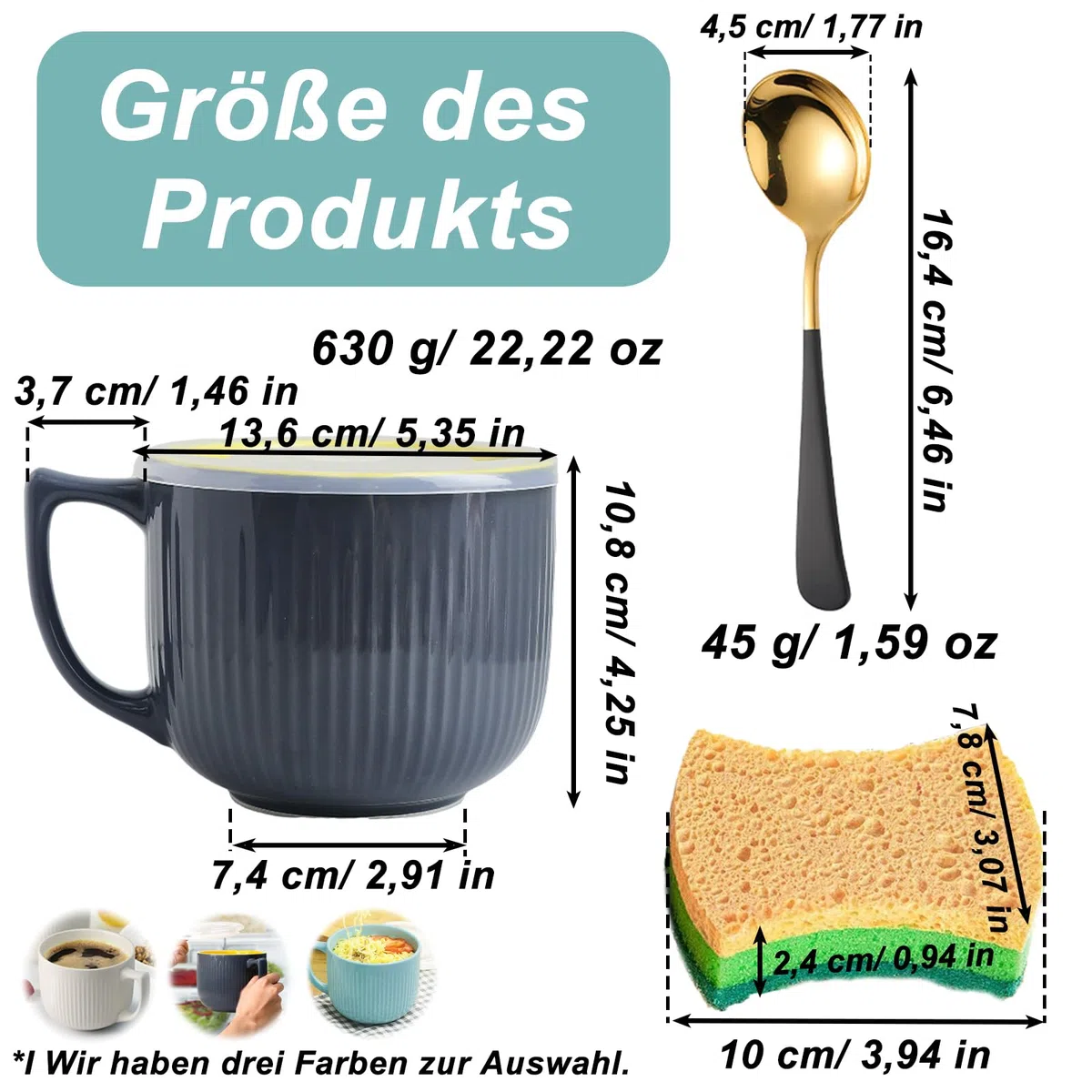 Café de Cerámica de 900ML Tazas, Tazas de Sopa con Asa, Cuencos de Cerámica con Tapa, Taza Grande de Sopa de 900ML, con Cuchara y Cepillo de Esponja, para Microondas, Lavavajillas(Gris Oscuro)