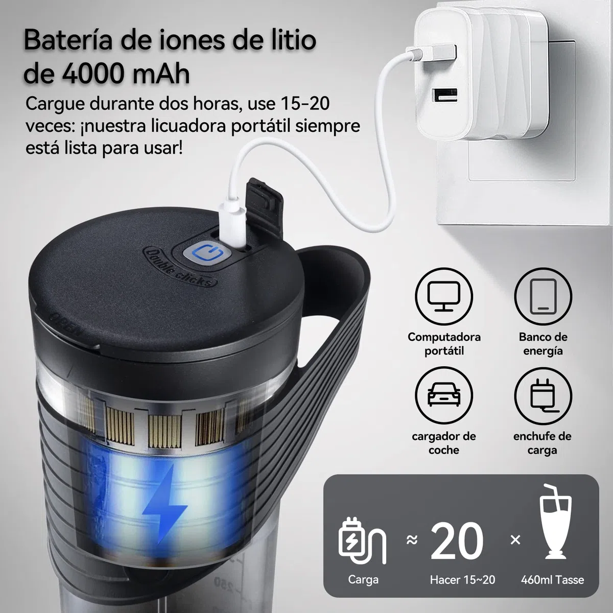 Batidora Portatil para Smoothies, Licuadoras Para Zumos de 460ml con Batería Recargable de 4000mAh, Batidora Smoothie con Pajita de Silicona, Adecuado para Viajar y para el Hogar (HD-07)