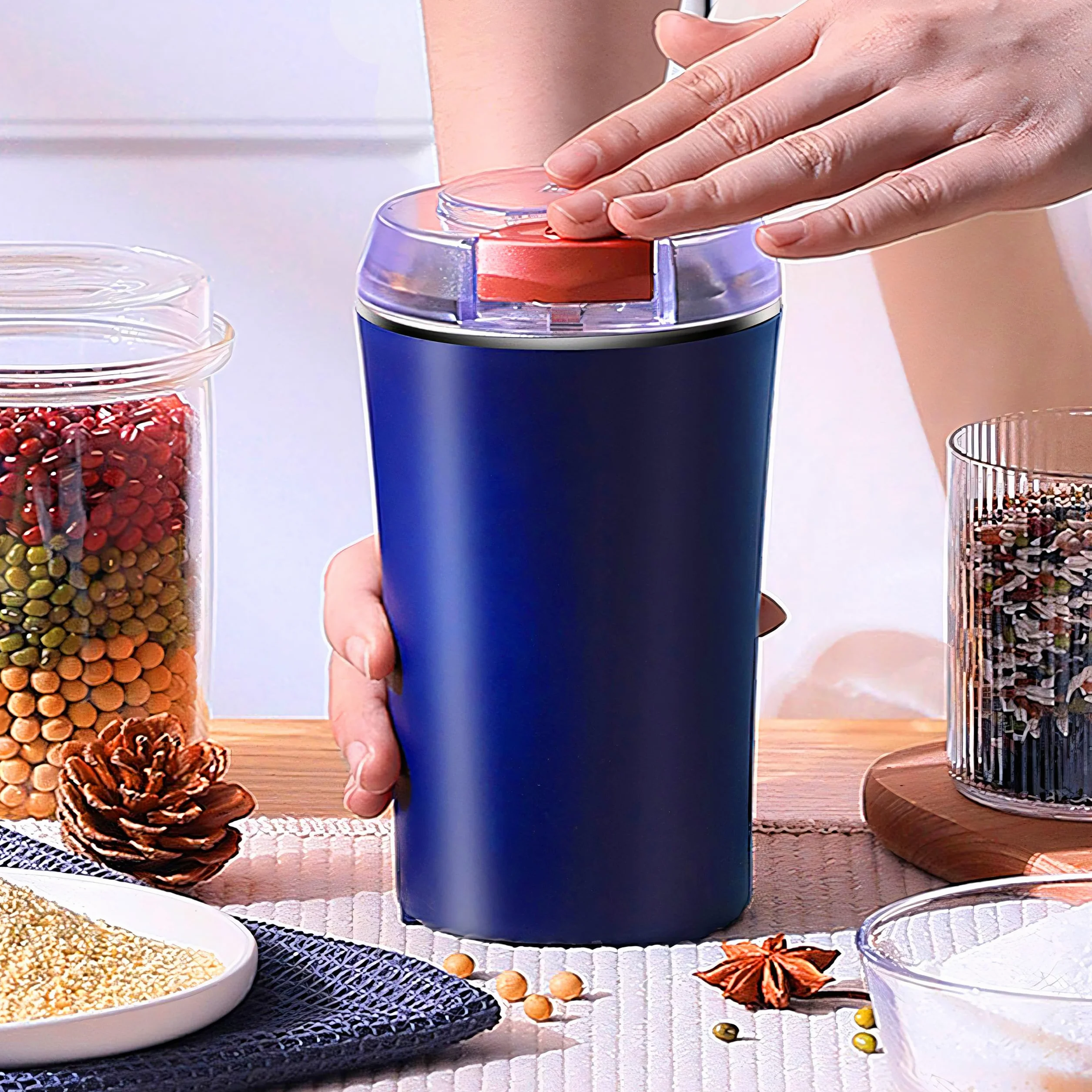 Retoo - Molinillo de café eléctrico con cuchillo de percusión de acero inoxidable, molino de cerámica en movimiento, grosor ajustable, cuchillo batidor de acero inoxidable, café filtro, espresso