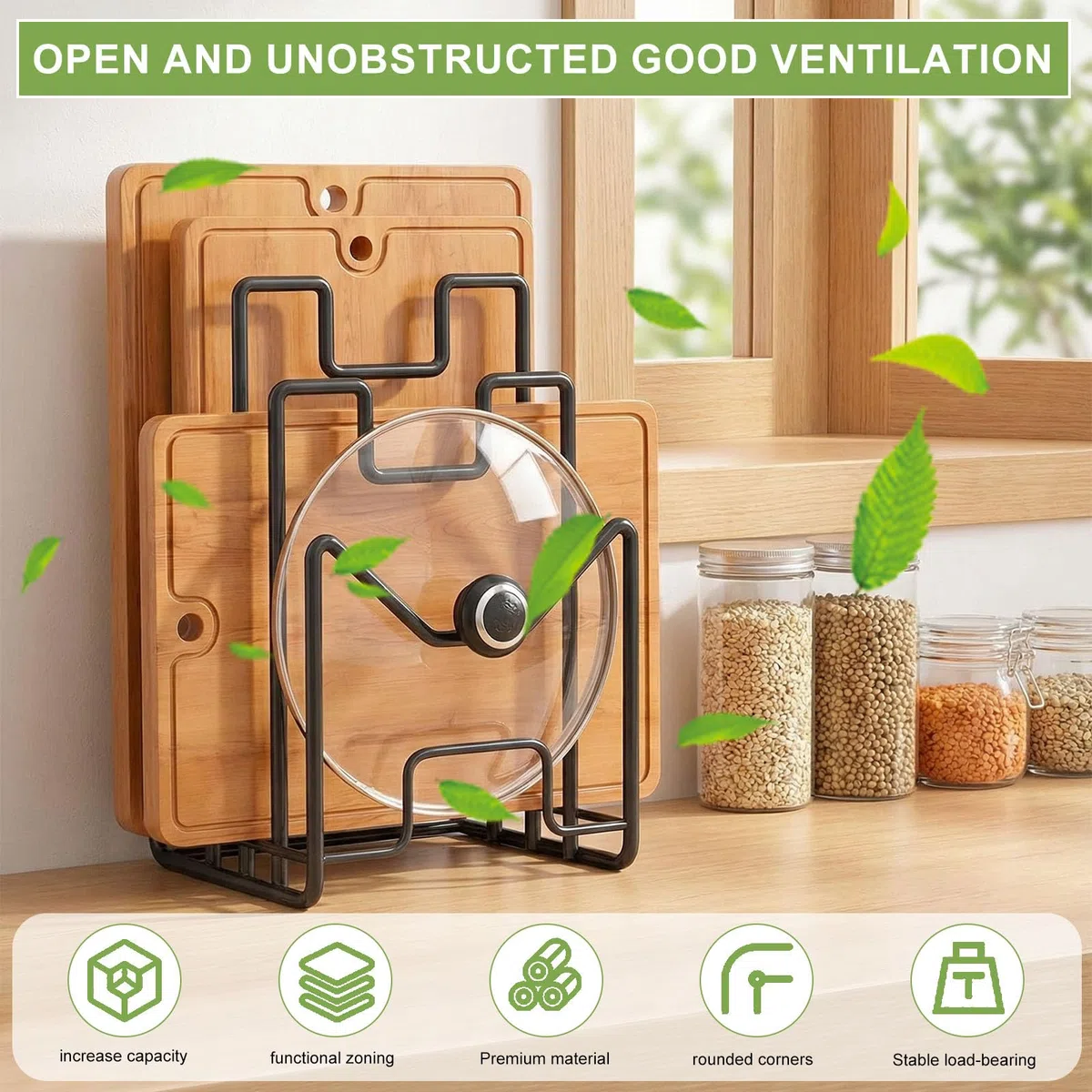 Soporte Bandejas Cocina Soporte Tabla Cocina con 4 Compartimentos,Organizador De Tabla De Cortar De Metal para tapas De Ollas, Espátulas, Platos, Bandejas para Hornear