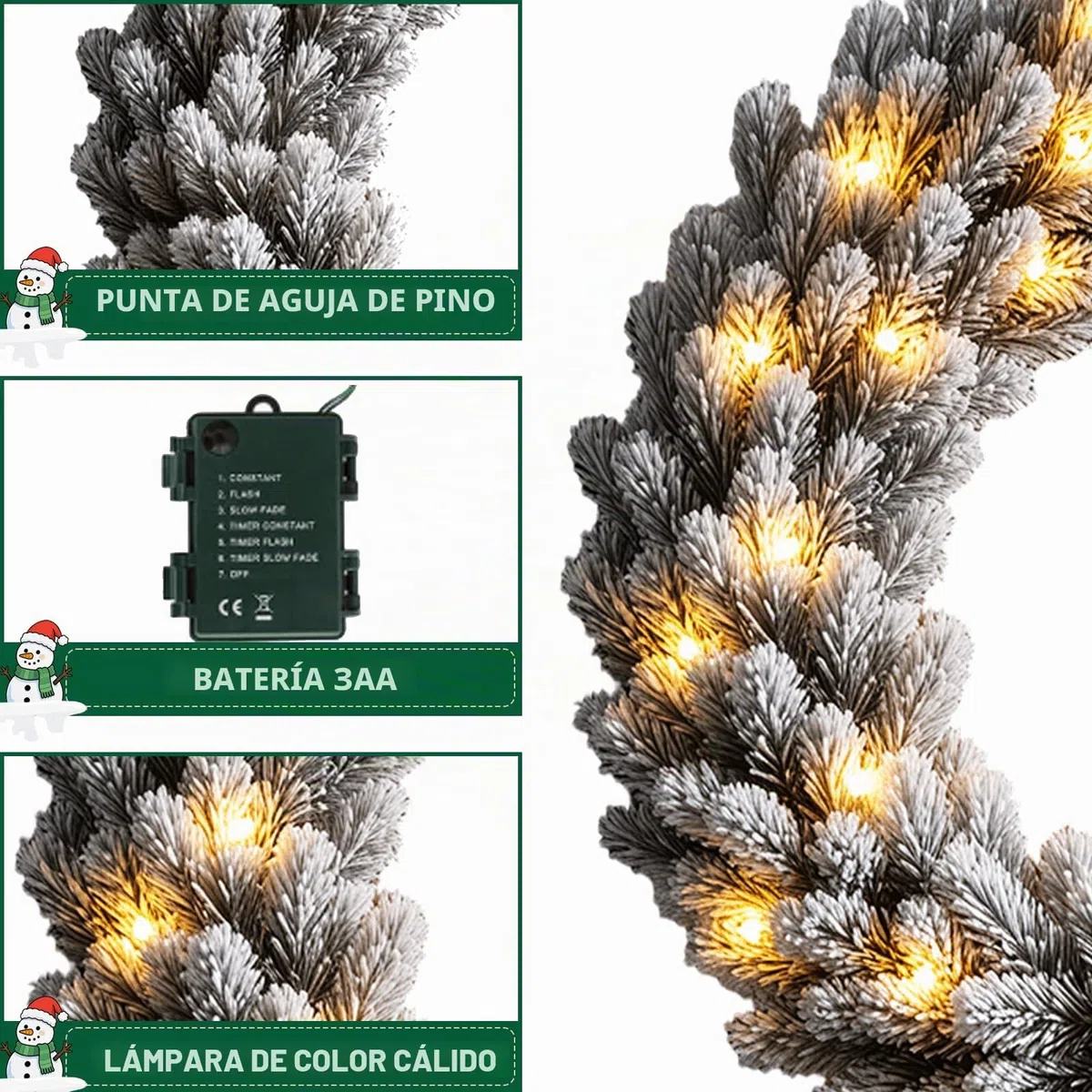 KOIUEYW Corona de 60cm para puerta de Navidad, corona de Navidad para la puerta principal con nieve artificial y LED, corona de adviento artificial creativa con luces, corona de Navidad artificial