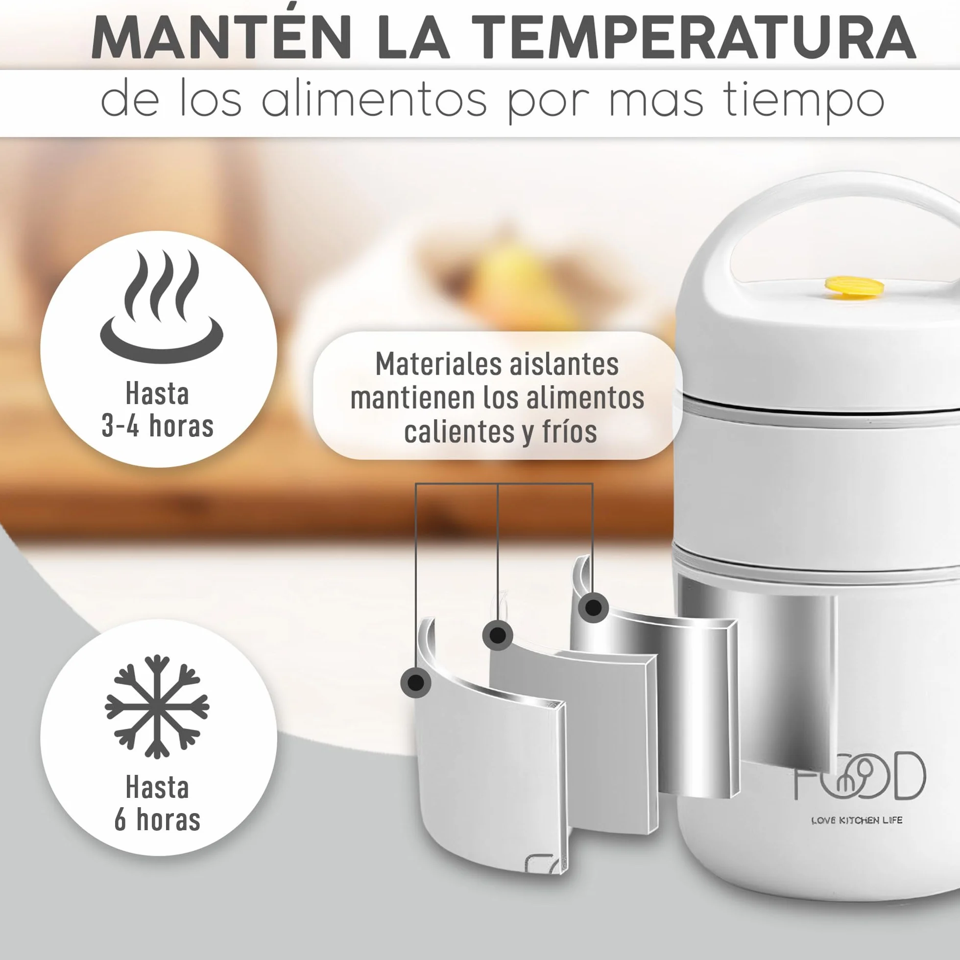 Lonchera semi termo para dos comida (660 ml) (blanca). Recipiente semi térmico adecuada para llevar comidas sin BPA con bolsa aislante de transporte para la comida del niño o adulto.