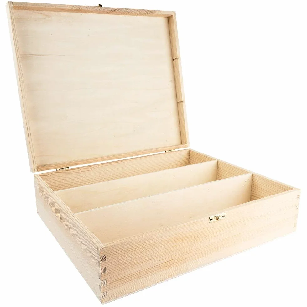 Caja de vino de madera con tapa, 3 compartimentos interiores, 35 x 30 x 10 cm, con cierre de metal dorado, ideal para manualidades y pintura, caja de madera DIY