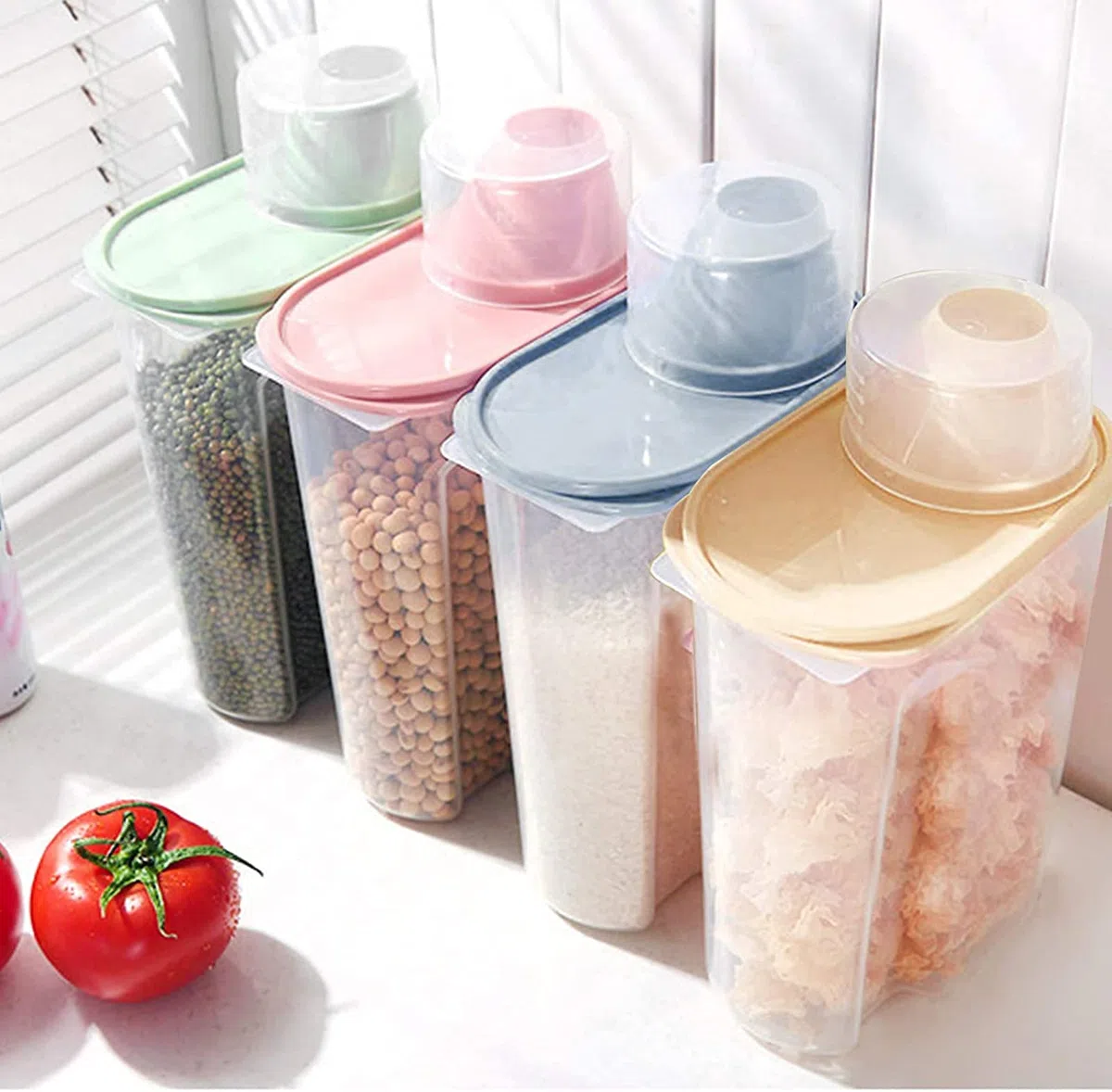 4 Piezas 1,9 L Tanque Almacenamiento Alimentos Secos con Medidora Caja, Envases Cereales Plástico, Almacenamiento Alimentos, Se Utiliza para Alimentos Secos, Cereales, Harina, Café