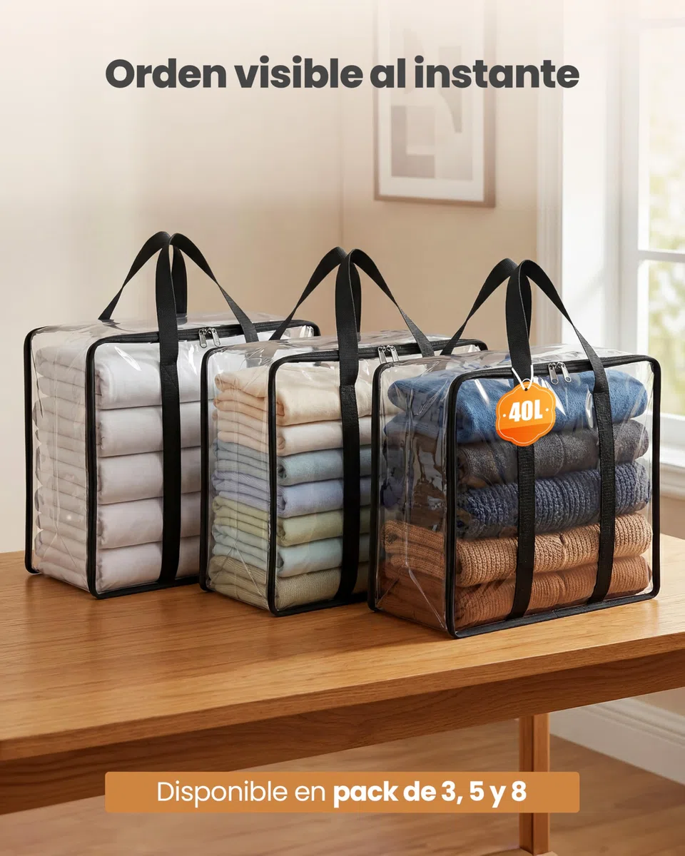 unycos - Cajas para Almacenaje de Ropa x 3【40L】 Bolsas Organizadoras Transparentes de PVC, Plegables con Asas Reforzadas y Cremallera Bidireccional para Suéteres, Abrigos, Mantas (46 x 23 x 38 cm)