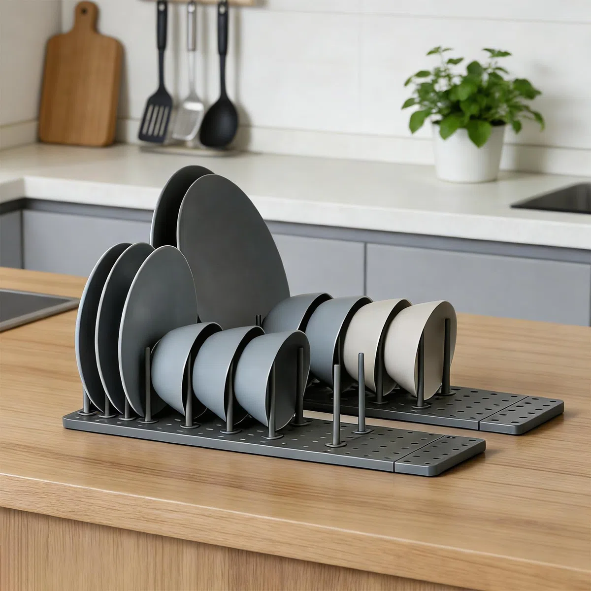 PARFCO 2 Piezas Organizador Sartenes y Ollas Cajón, Organizador Tapas Ollas Ajustable 40–54 cm con 24 Pilar, Soporte Tapas Ollas Gris para Platos y Sartenes