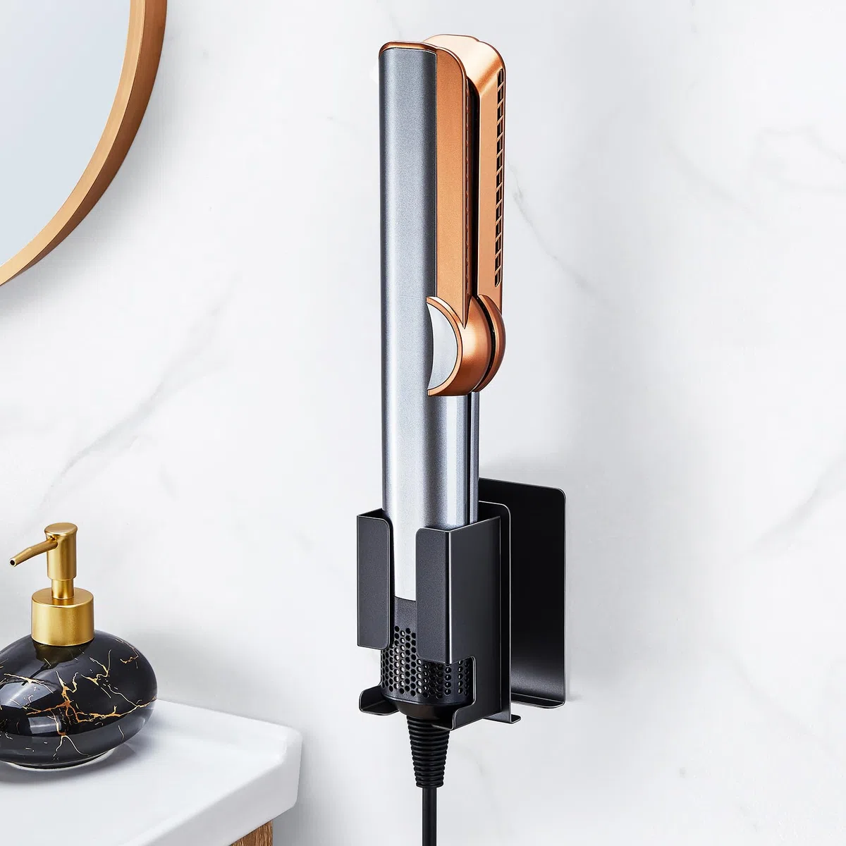 Soporte Mural para Plancha de Pelo, Soporte para secador de Pelo y Plancha, Organizador Adhesivo para Herramientas de Peinado, soport para secador para baño (Negro)