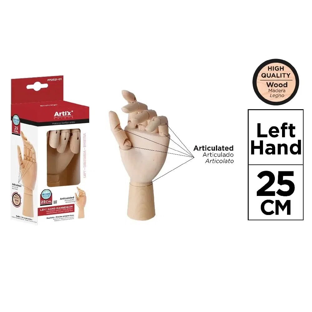 CABLEPELADO Mano articulada izquierda maniquí, Mano de Maniquí Articulada, Modelo de Mano para Dibujo, Maniquí de Mano de Madera, Mano de Modelo Artístico, 25 cm, Mano izquierda