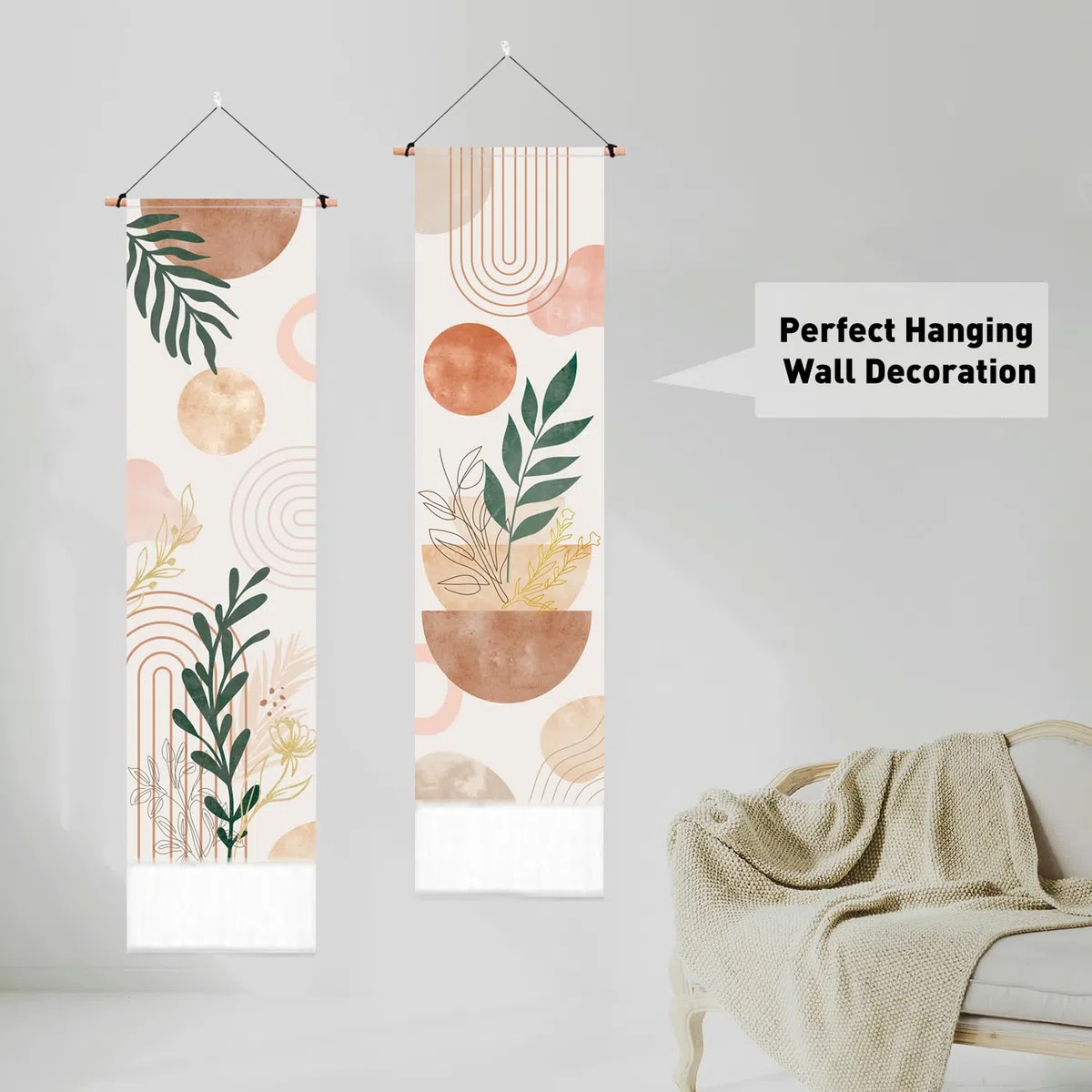 PLIGREAT Paquete de 2 tapices bohemios con borlas, 132 x 33 cm, diseño de plantas estéticas para colgar en la pared, abstracto, vertical, para dormitorio, sala de estar, baño, decoración artística