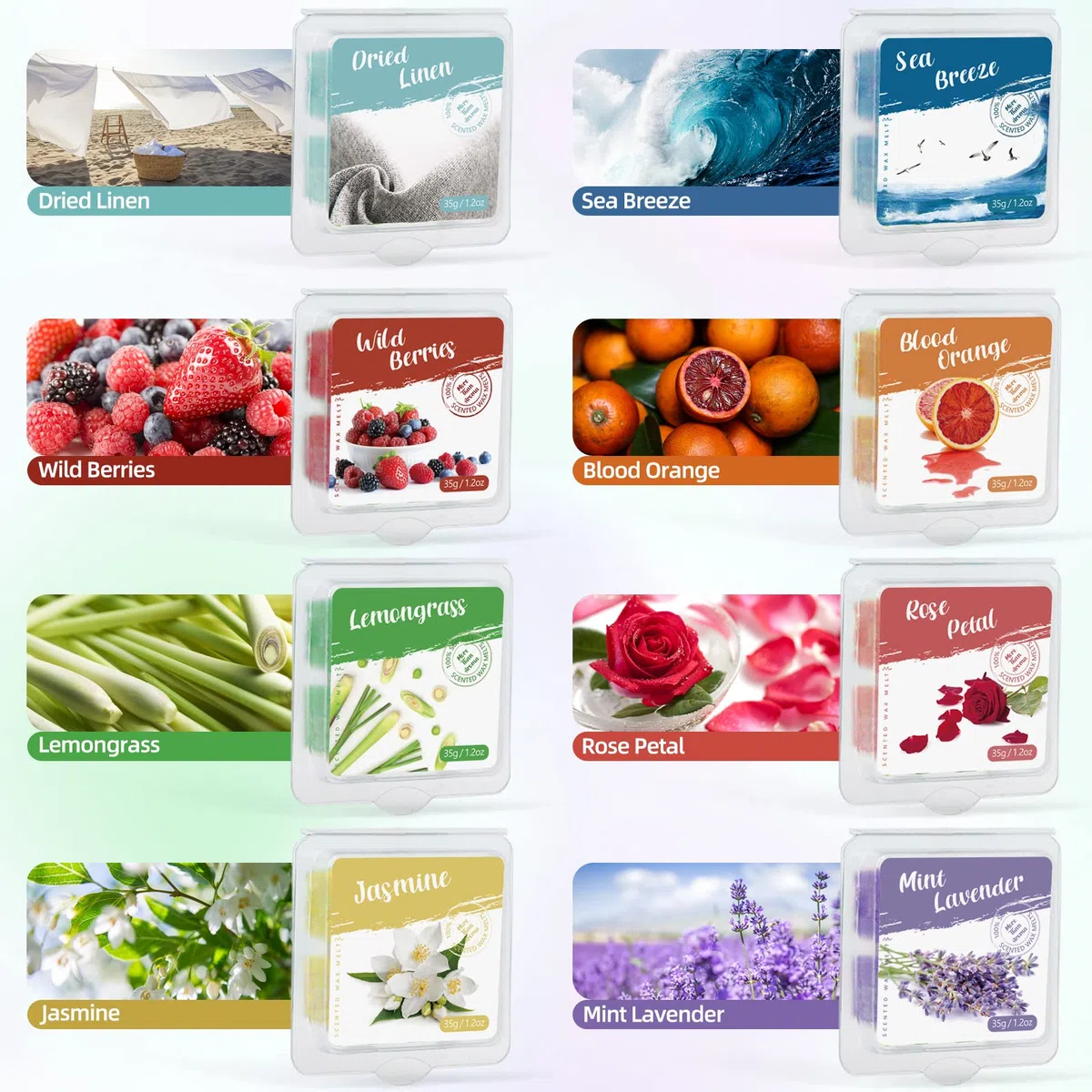 Cera Perfumada, Wax Melts, Cubos de Cera Aromática para Quemador de Velas, Cera de Soja Vegana Hecha a Mano para Uso Doméstico y de Oficina, Juego de Regalo de Fragancia para el Hogar, 8 Aromas