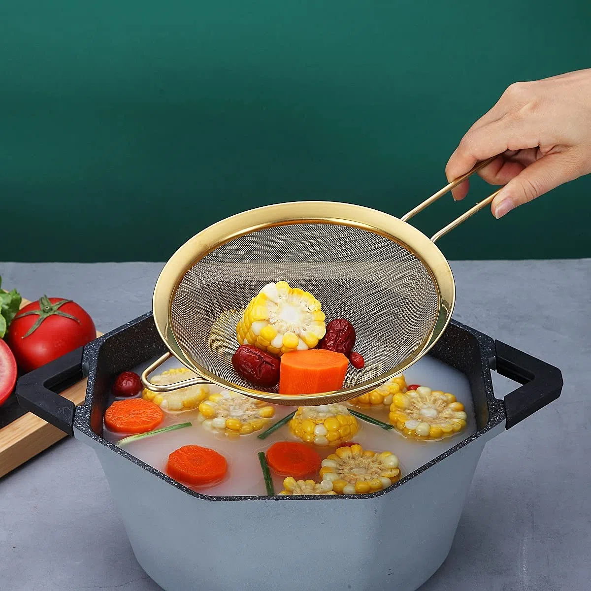 Juego de 3 coladores de malla fina dorada, tamiz de harina dorada para hornear, caldera de acero inoxidable, colador de té matcha dorado, separador de salsa, coladores de pasta