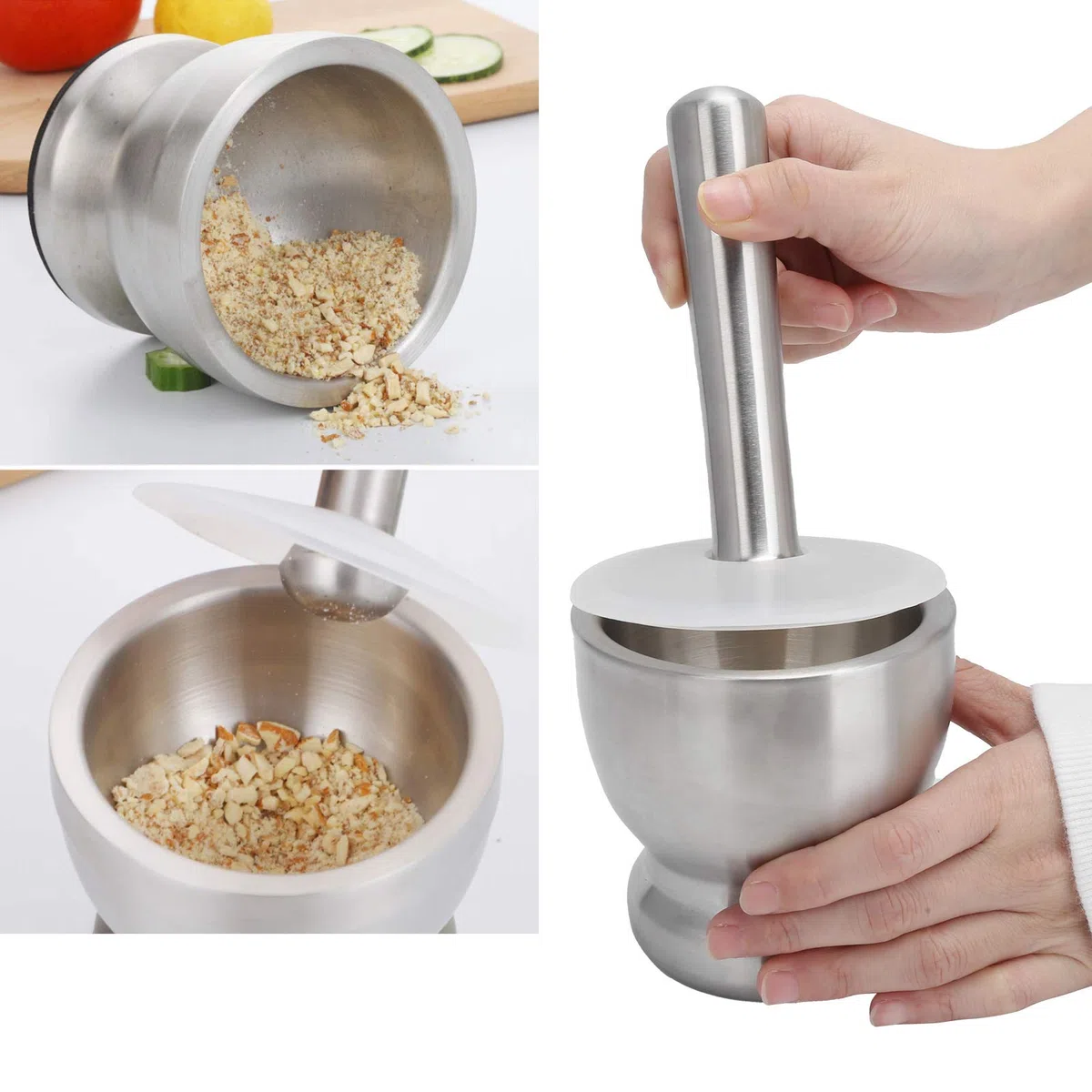 Mortero y Maja de Acero Inoxidable con Tapa de Silicona, Triturador de Ajo, Especias y Hierbas, Juego de Molinillo Manual con Base Antideslizante, Diseño Ergonómico para Cocina, Fácil de Limpiar