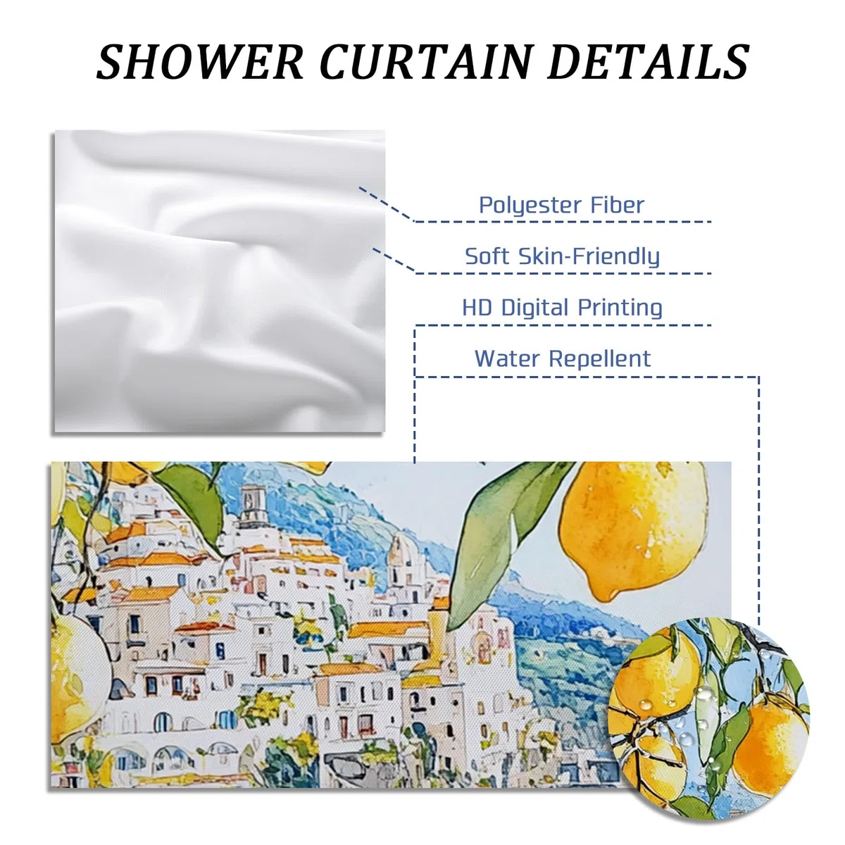 Cortina de ducha de limón, cortina de ducha de acuarela amarilla cítrica para decoración de baño, estilo moderno costero, cortina de ducha de tela impermeable con ganchos, 72 x 78 pulgadas