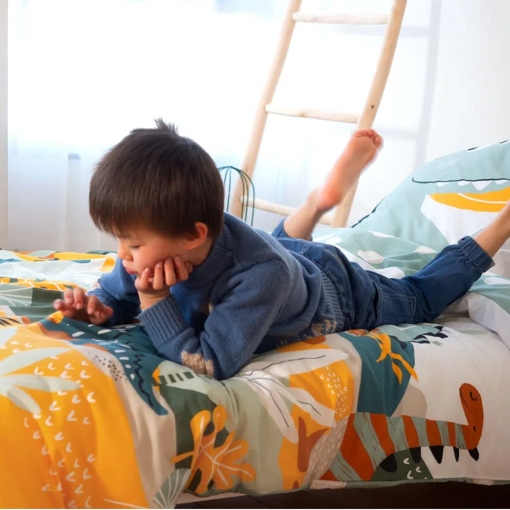 Côte Deco - Juego de cama infantil reversible de dinosaurios prehisto verde, funda nórdica de 140 x 200 cm y 1 funda de almohada de 63 x 63 cm