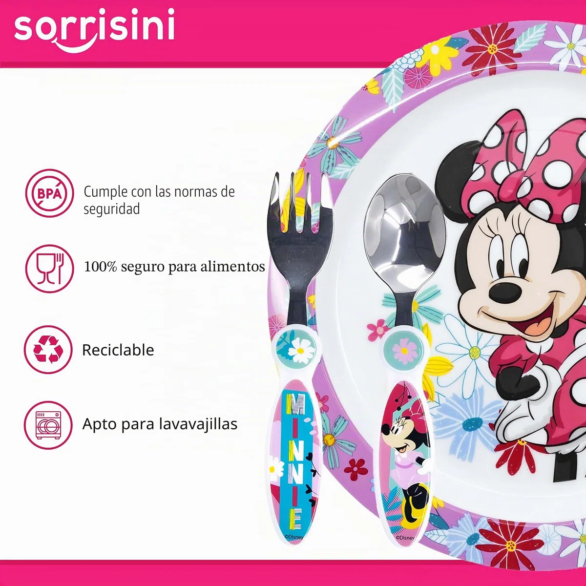 Vajilla Infantil Reutilizable Apta Para Microondas Para Niños Minnie Mouse, Juego de Desayuno para la Primera Comida Cubiertos, Tenedor, Cuchara de Acero Inoxidable y Plato, sin BPA