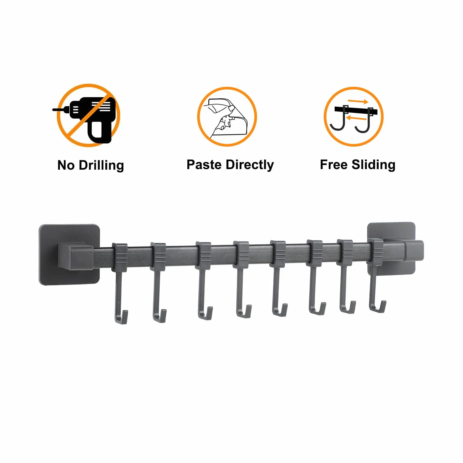 wenrescry Barra de Ganchos Cocina Autoadhesiva (8 Ganchos) – Sin Taladros, Soporta hasta 5kg, para Utensilios, Ollas Pequeñas, Organizador de Pared Negro
