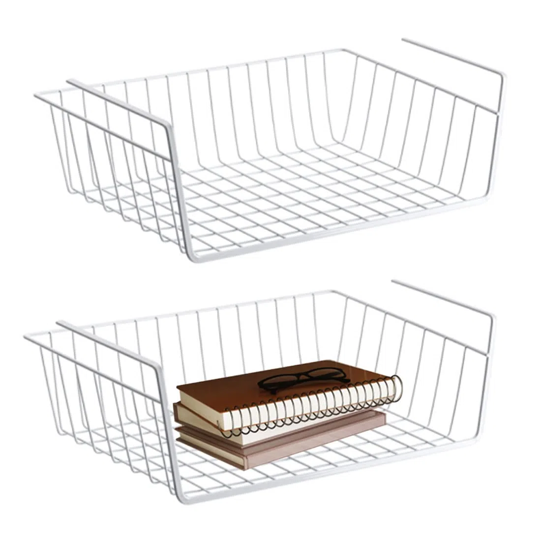 Juego de 2 cestas de almacenamiento colgantes de metal para cocina, oficina, despensa, cuarto de baño, armario (blanco)