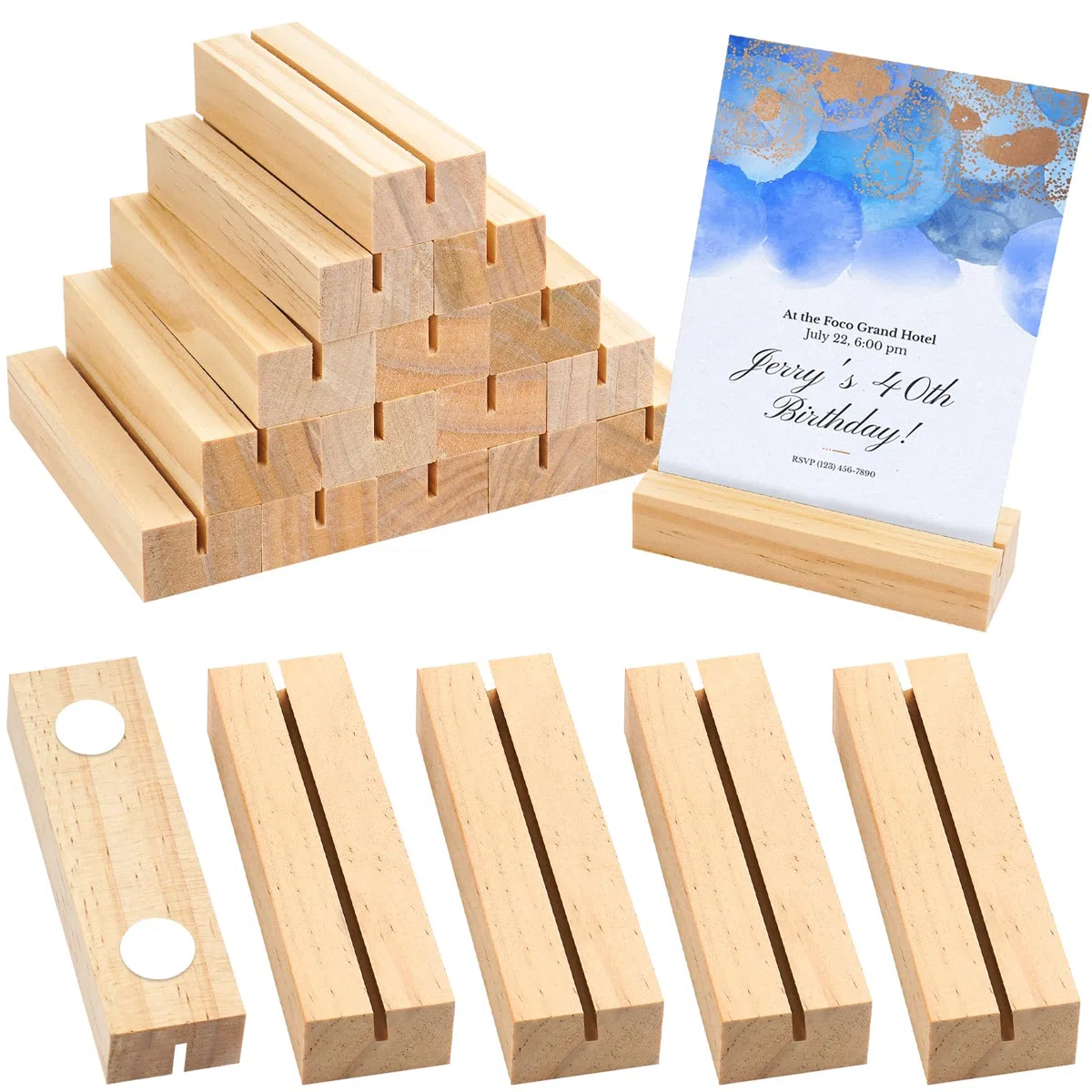 20 soportes para tarjetas de madera con ranura recta y adhesivo nano sin puntos, soporte para tarjetas de mesa, soporte para tarjetas de menú, soporte para tarjetas postales de madera de pino