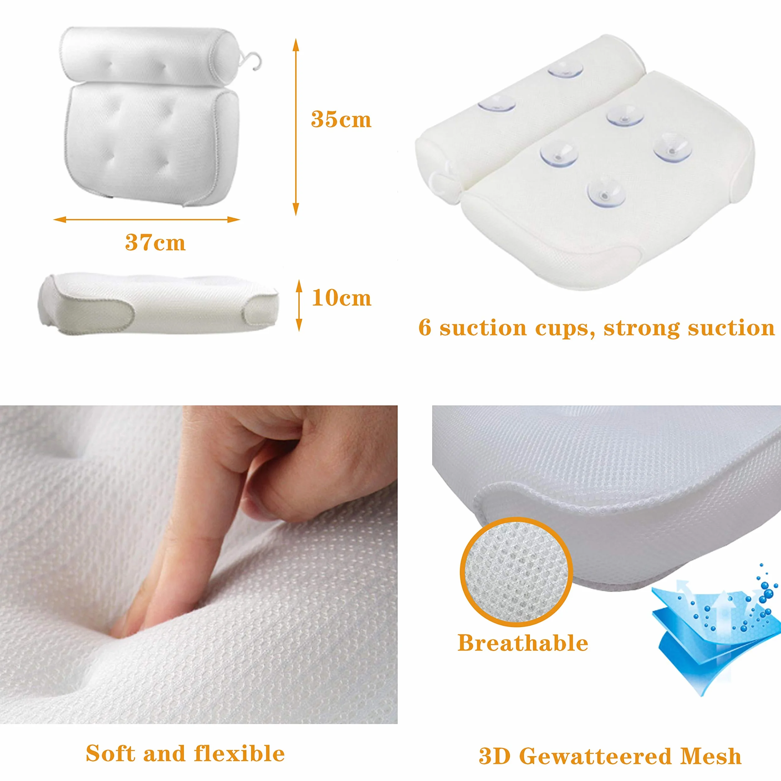 Yuning Almohada de Baño,Reposacabezas Bañera con 6 Ventosas,Soporte Suave la Cabeza,El Cuello,los Hombros y la Espalda y una cómoda Alfombra de baño,para SPA en Casa Bañera de Hidromasaje (Blanco)