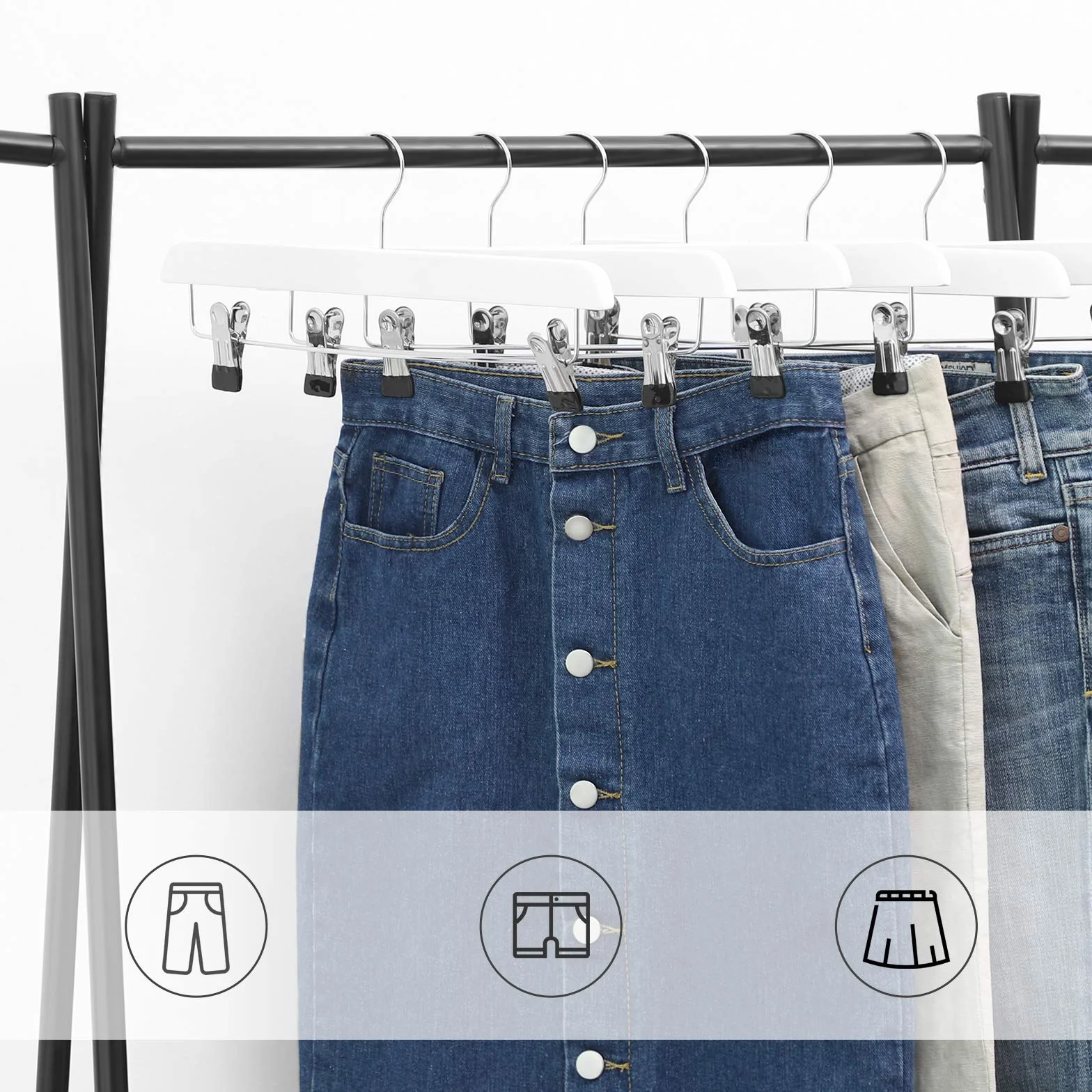 SONGMICS CRW008WT-8 - Juego de 8 Perchas Pinzas para Pantalones y Faldas, con Gancho Giratorio y Pinzas Ajustables, Longitud de 35,5 cm, Color Blanco