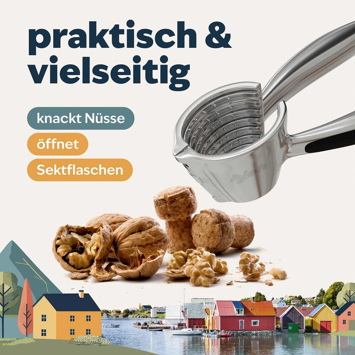 kjøk Cascanueces de metal resistente – abre nueces y avellanas, 350g pesado, Nutcracker aleación de zinc cromado, rompe nueces duras, diseño robusto y duradero