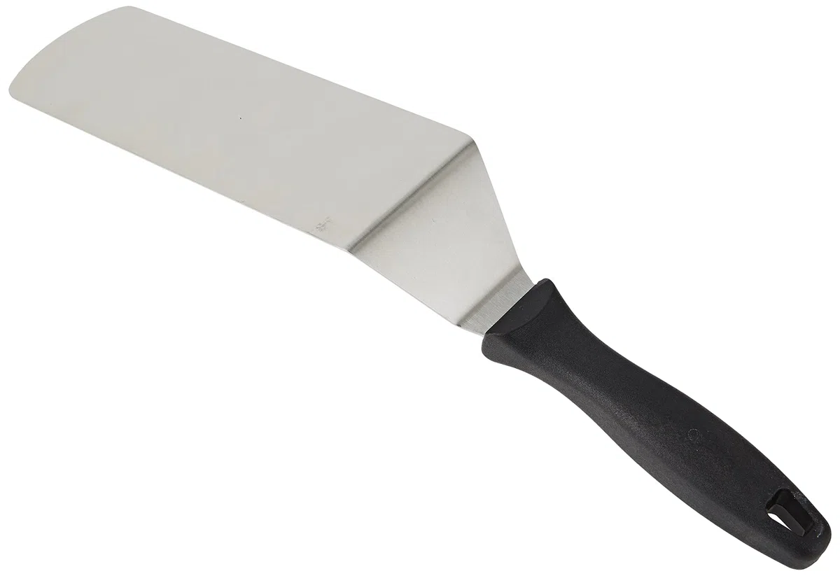 FMProfessional Espátula de Cocina Profesional para Plancha y Horno, Paleta Cocina de Acero Inoxidable y Mango de Poliamida, Color Inoxidable y Negro, 39x7 cm, 1 Ud.