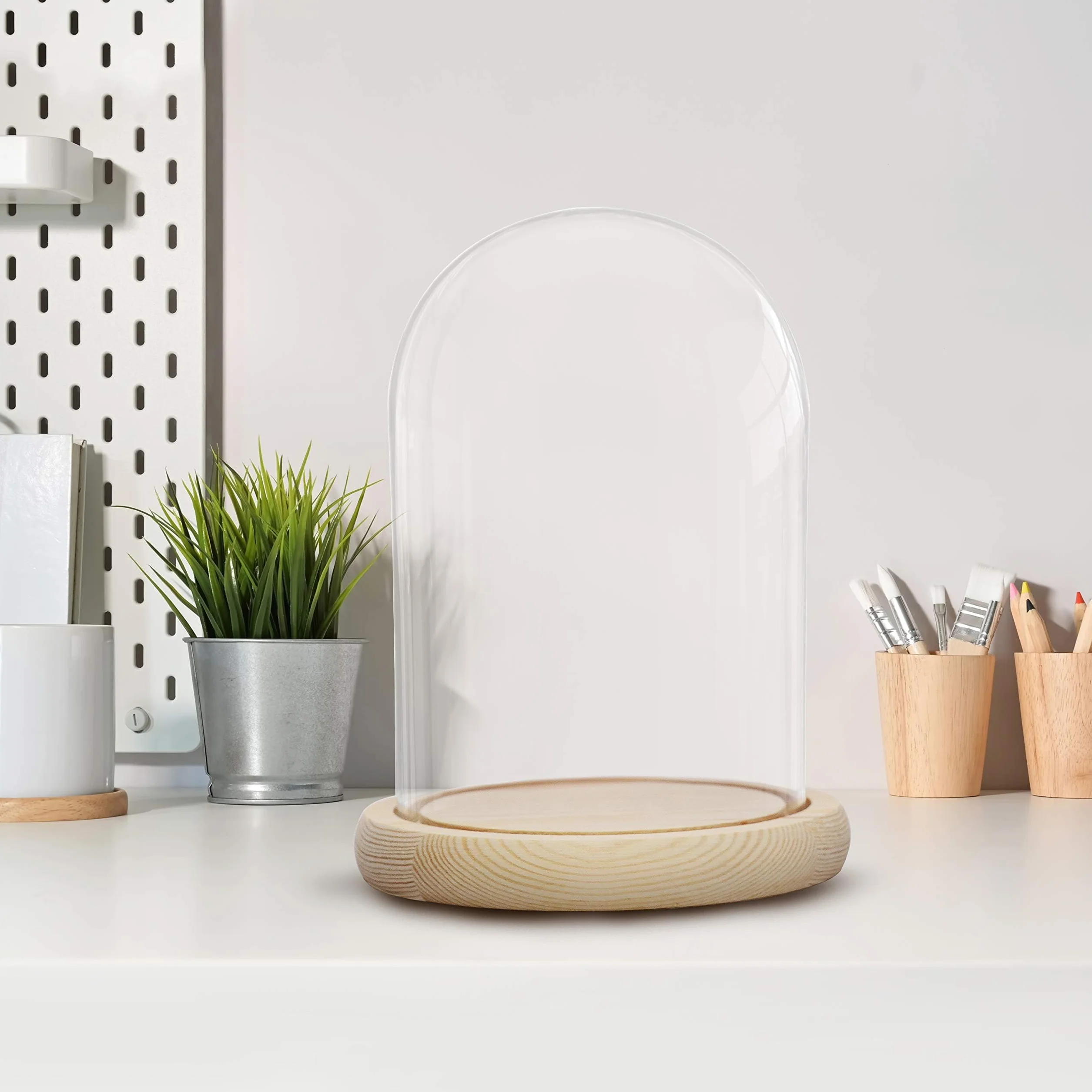 Belle Vous Cúpula Cristal Jarra Domo Campana con Base de Madera Natural – 20cm - Campana Decorativa Transparente Centro de Mesa para Luces de Hada - Urna Antigüedades