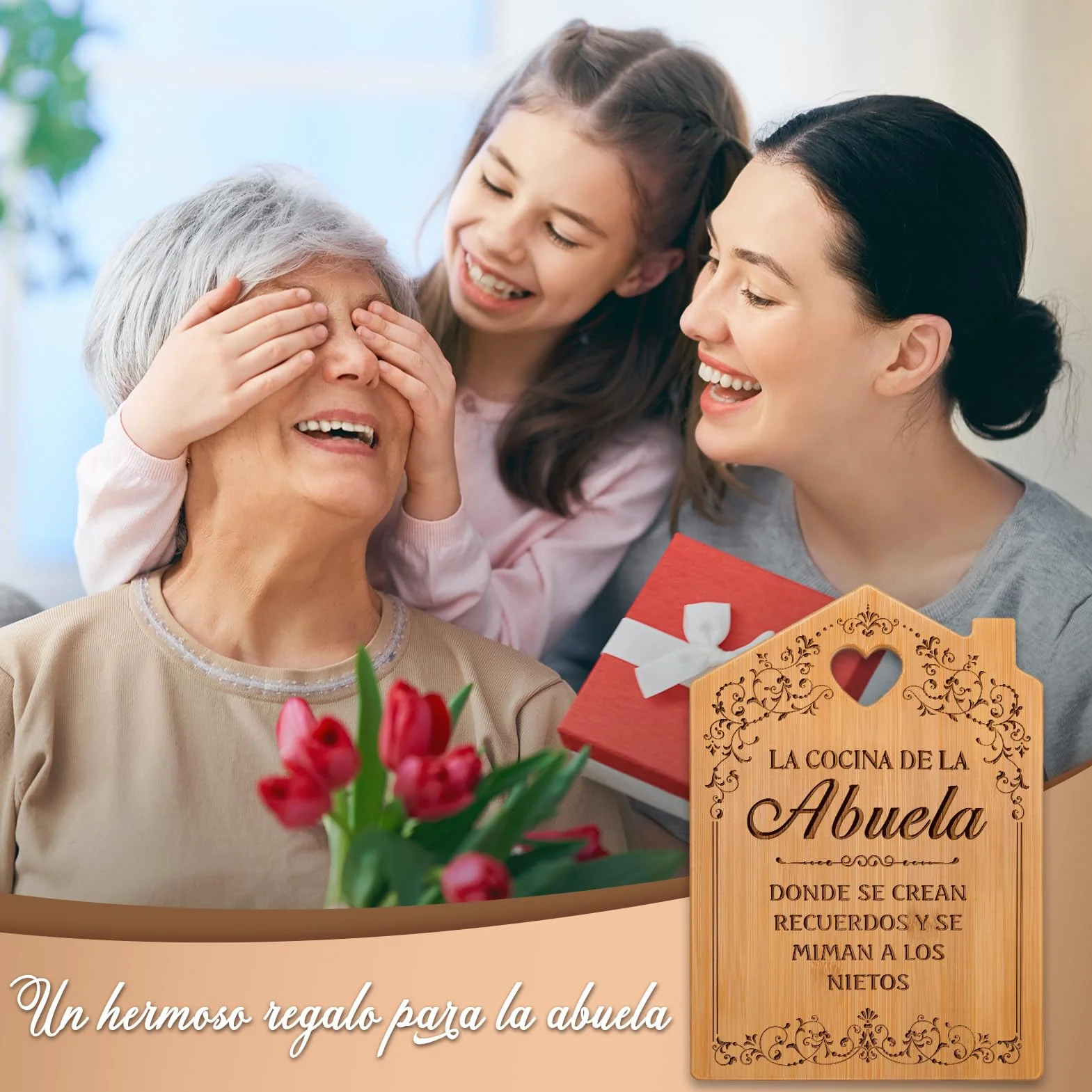 Regalo Abuela, Regalo Abuela Cumpleaños - Tabla de Cortar de Bambú Grabada en Forma de Casa, Regalo Dia de la Madre Original