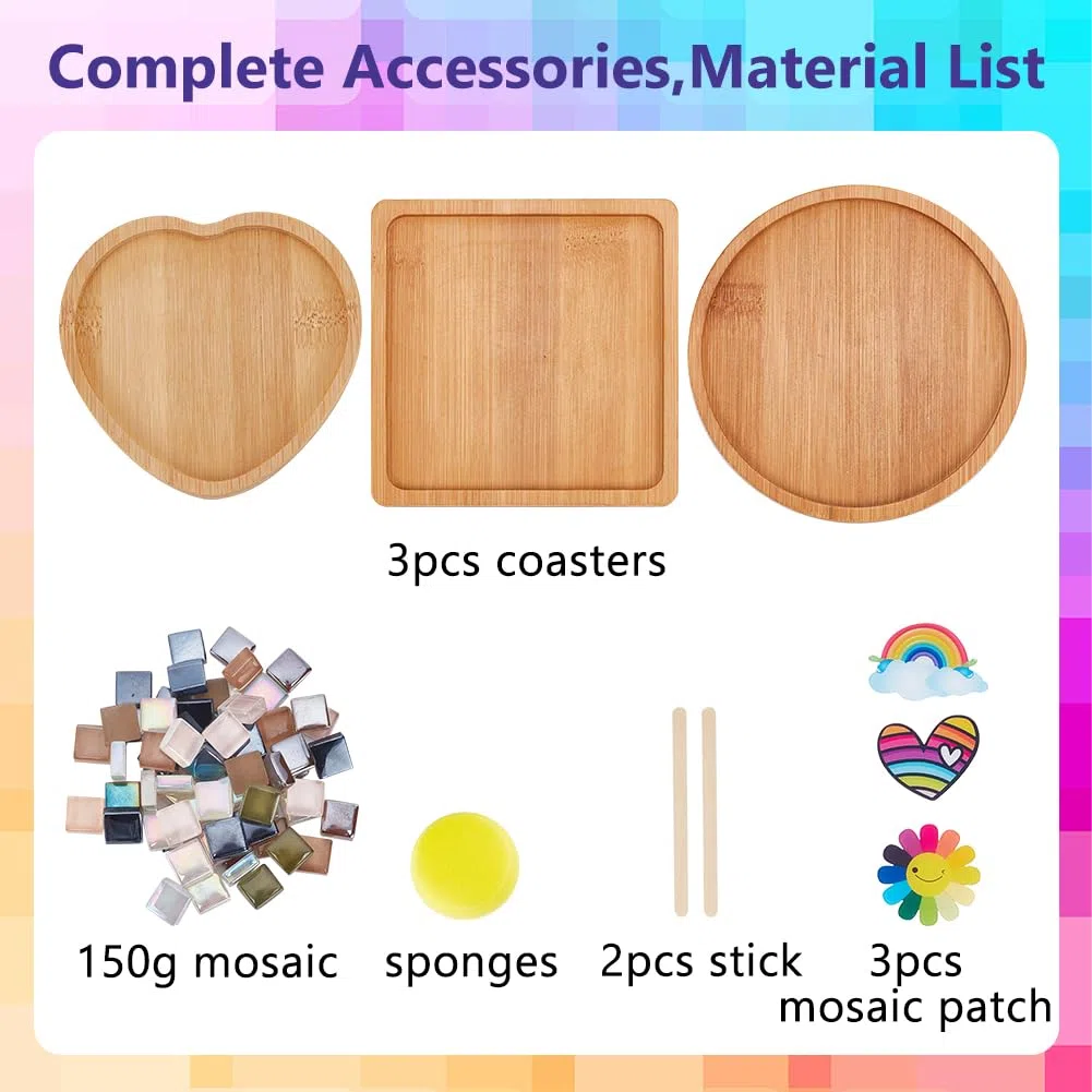 WEBEEDY Juego de 3 posavasos de mosaico de arco iris, piezas de vidrio de mosaico teñidas, azulejos de mosaico de cristal para manualidades, decora tu propio corazón de flores y posavasos de diseño de