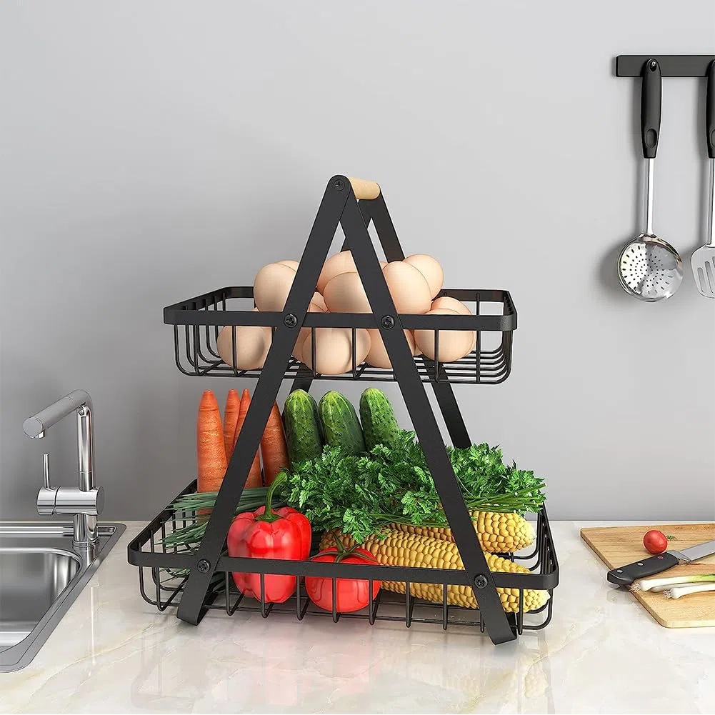 JUVEL Cesta para Fruta 2 Pisos Cesta de pan Cesta de Verduras Soporte de Madera Fruteros de Cocina Modernos Cesta de Frutas Desmontable para Almacenamiento de Cocina