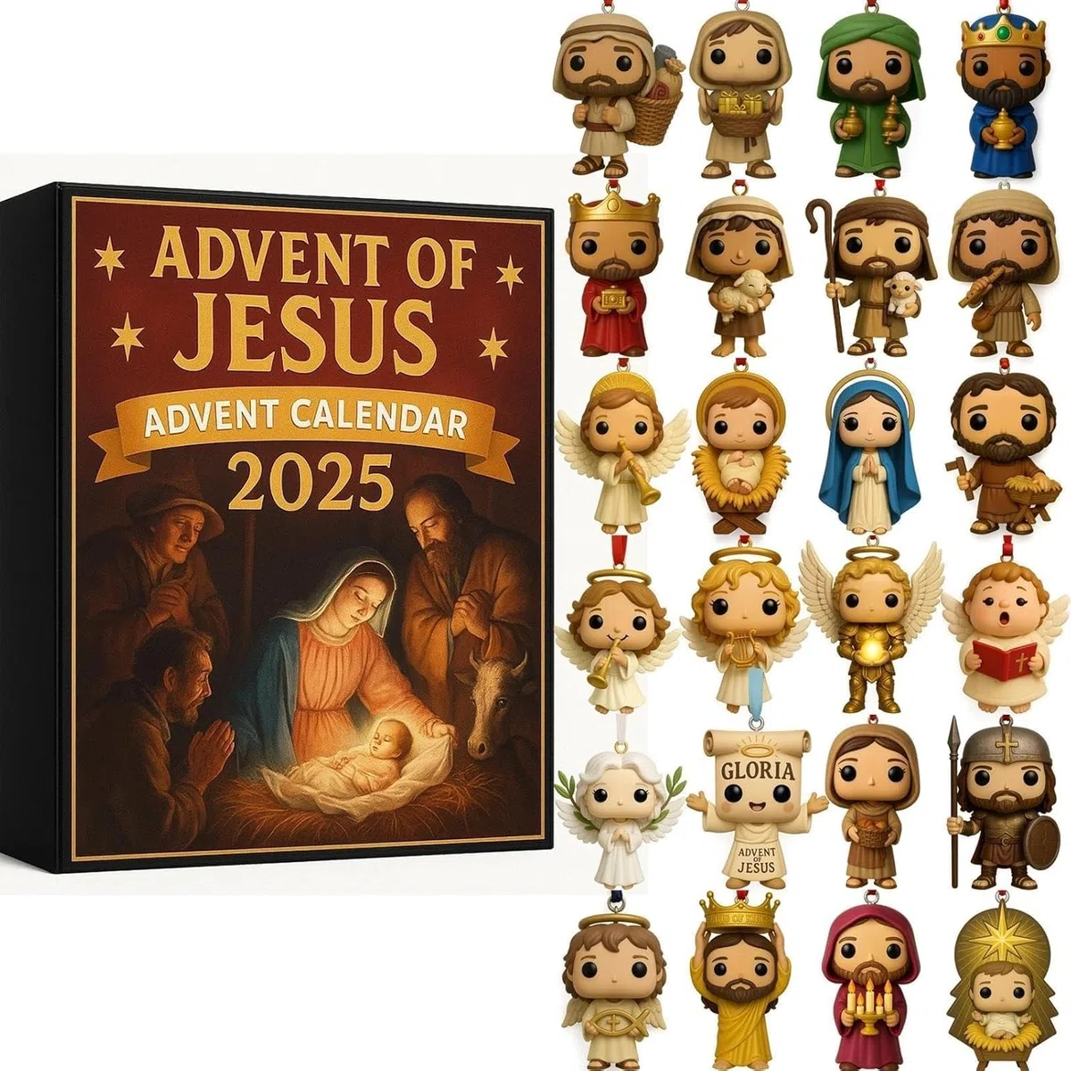 Calendario de Adviento de Jesús 2025, calendario de Adviento de belén, 24 figuras de Jesús, adornos para árbol de Navidad, belén religioso, calendario de aventura bíblico de cuenta regresiva de