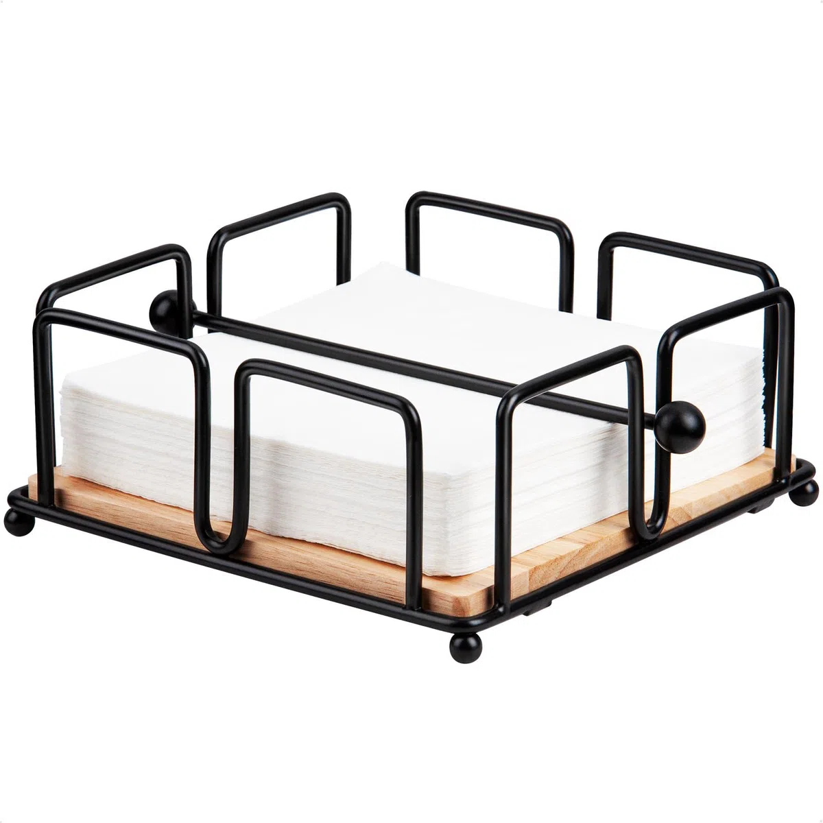 Servilletero de Metal para Bar, Portaservilletas Plano de Mesa con Brazo Lastrado, Dispensador Servilletas Decorativas con Base de Madera para Cocktail, Soporte Servilletas de Hierro (Negro)