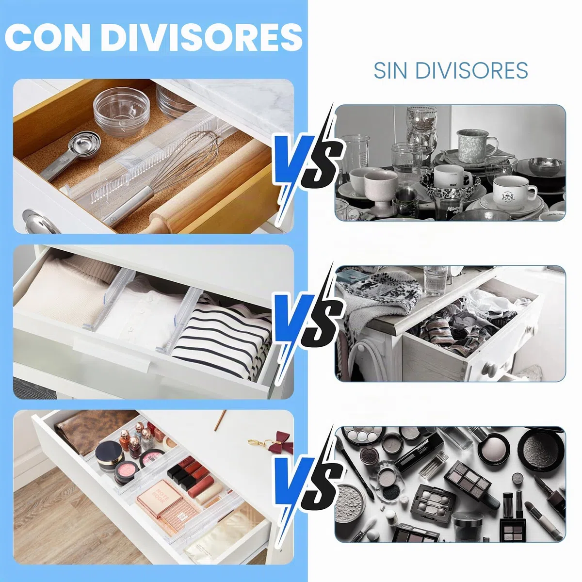 Separadores de Cajones Ajustables, Juego de 4 Divisores de Organizador Cajones Transparente Cajones Extensibles de Plástico para Tocador Armario Cocina Dormitorio Tamaño 28,8-50cm