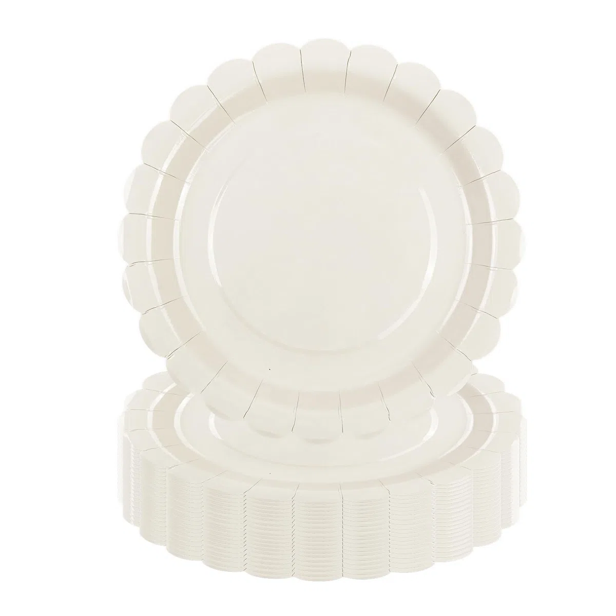 50 platos de papel marfil de 23 cm, platos de fiesta festoneados color crema, platos desechables para pasteles, postres, platos de cena para cumpleaños, baby shower, boda, suministros de