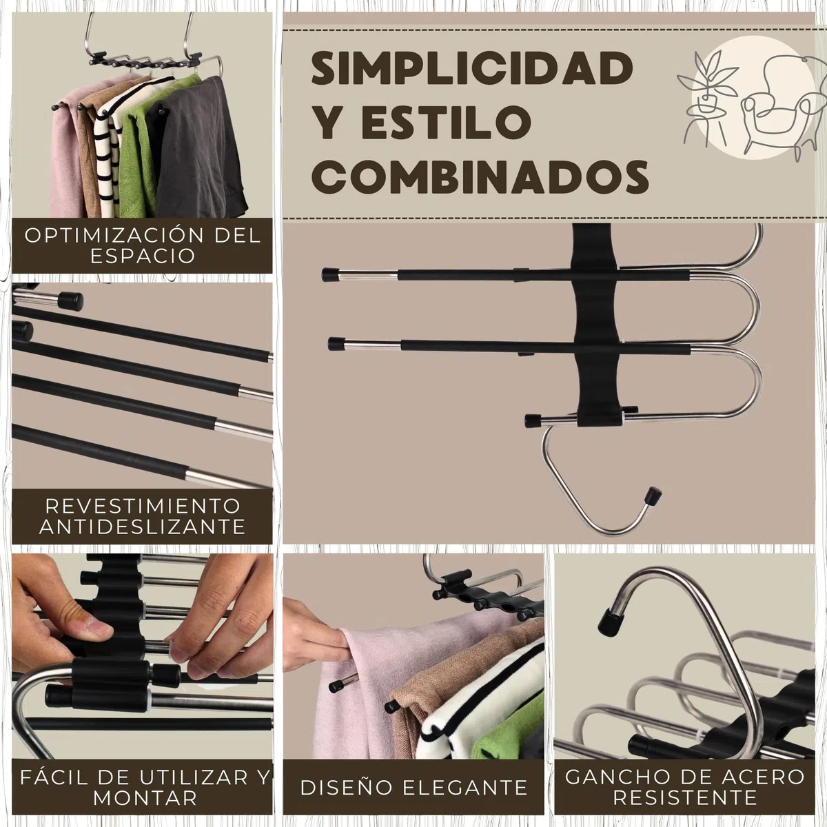 Pack Perchas Pantalones Multiple 5 en 1 - Perchas Pantalon - Perchas para Pantalones - pantalonero Extraible - Ahorra Espacio - Organizador Ropa - Perchas Multiples - Organizador Armario