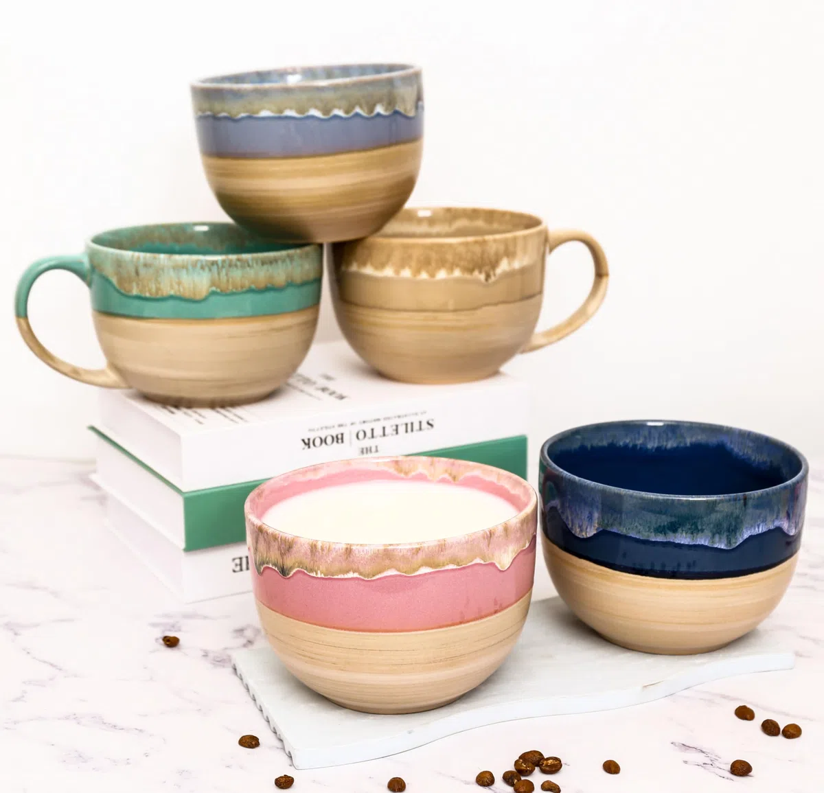 Tazas grandes de cerámica de 700 ml, tazones para cereales con asas, tazones para sopa, ensaladera, tazones para ramen, café, cereales, sopa, aperitivos, ensalada, helado (Verde)