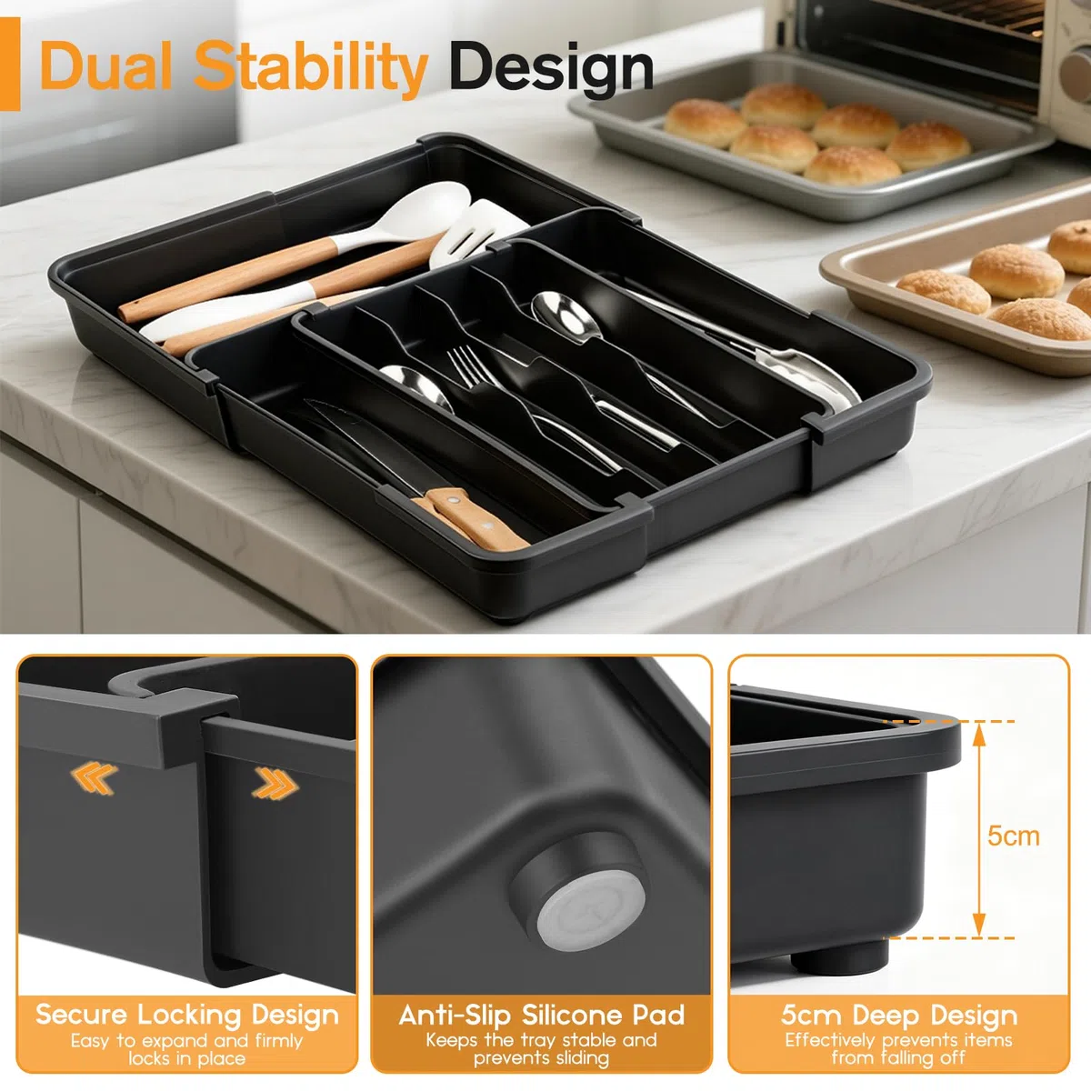 Euqvunn Cuberteros para Cajon Cocina Multidireccional Expandible, Organizador Cubiertos con 4-7 Compartimentos, Ideal para Almacenar Utensilios y Herramientas de Cocina en el Cajón