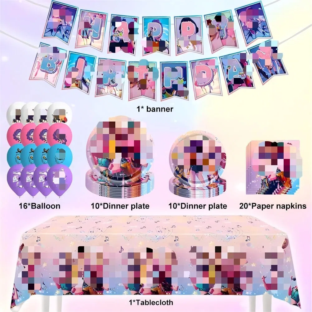 60 Piezas guerreras kpop cumpleaños,Bandera de cumpleaños de las con globos, pancarta de anime Vajilla Fiesta (B)
