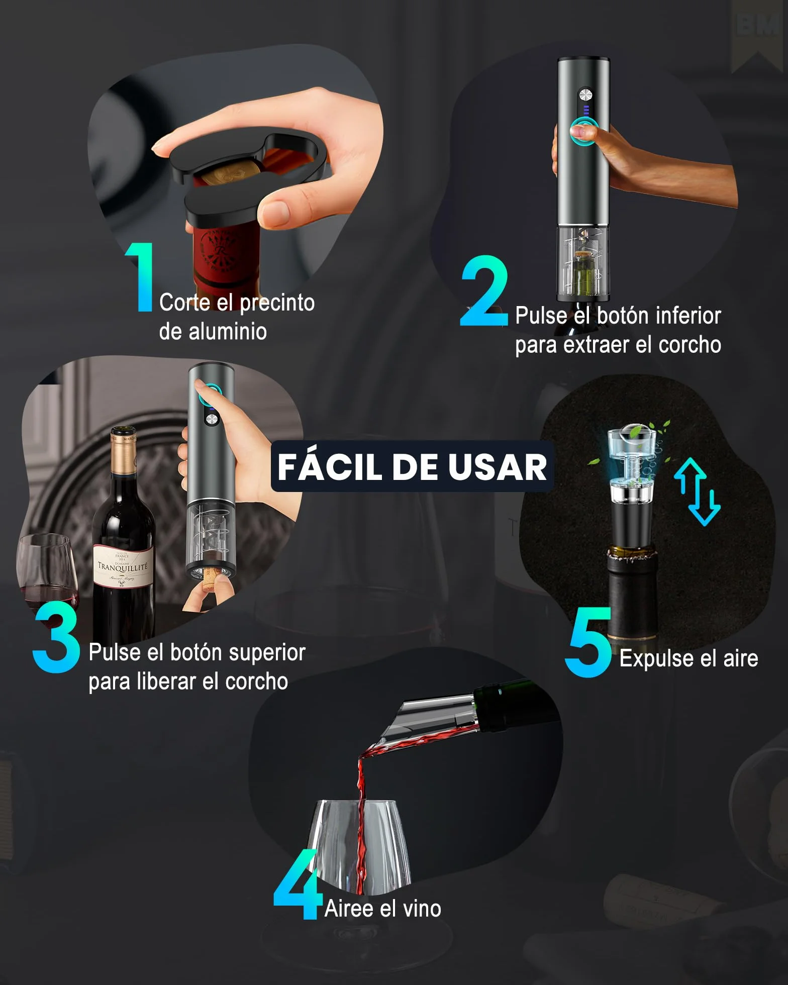 Sacacorchos eléctrico recargable inox, abridor de vino electrico saca rolhas regalos para hombre mujere abrebotellas con vertedor aireador, 2 tapón vino al vacío, cortador láminas y cable USB