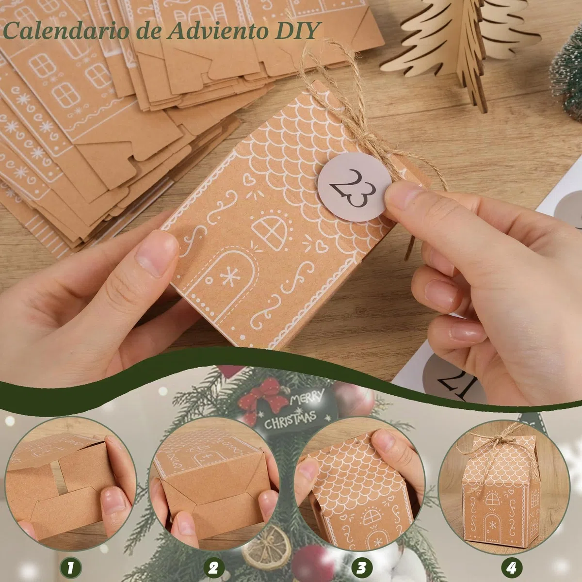 RUBY Calendario de Adviento para rellenar – 24 casitas de jengibre DIY con luces LED, cuerda de yute, pegatinas numeradas – Reutilizable para la familia