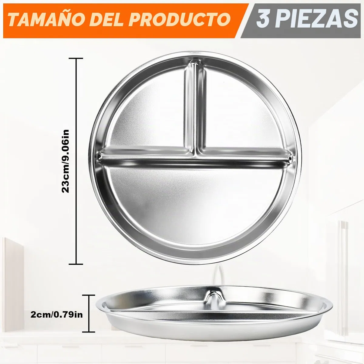 3 PCS Platos Divididos de Acero Inoxidable, Plato para Dieta en 3 Zonas para Adultos y Niños, Plato con Separadores, Platos Saludables Control de Porciones para Almuerzo y Cenas -23cm