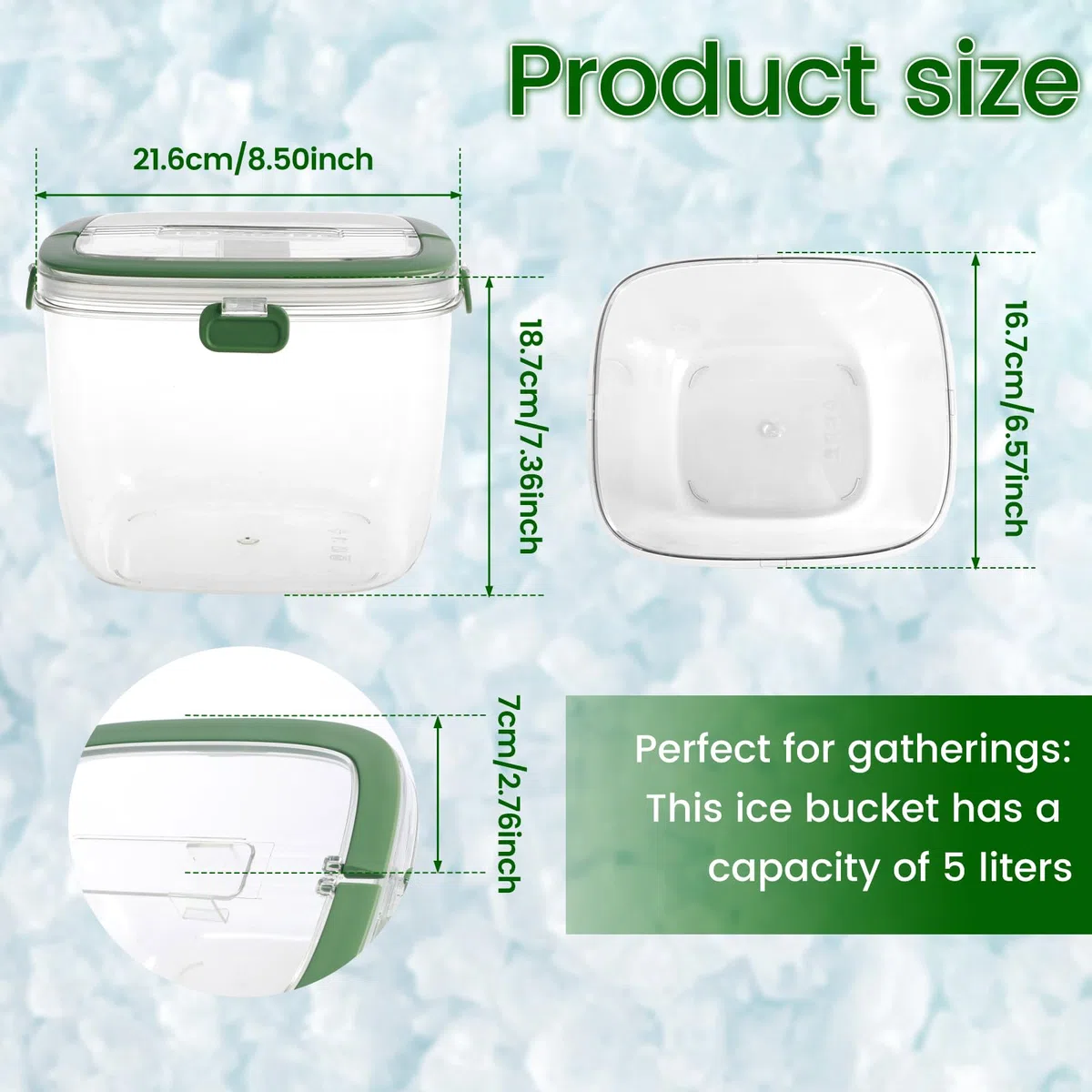 Cubo de hielo con tapa y pinza, contenedor de hielo sellado con asa, cubo de almacenamiento portátil de 5 litros, cubo de vino multifuncional para cóctel, congelador, bar, fiesta, barbacoa, camping