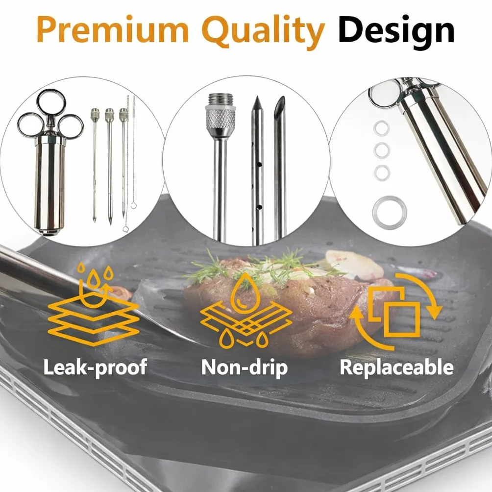 Inyector de carne de acero inoxidable de 60 ml con 3 agujas, jeringa de adobo para barbacoa, baster de pavo para carne de res, pollo y cerdo, apto para lavavajillas, fácil de limpiar